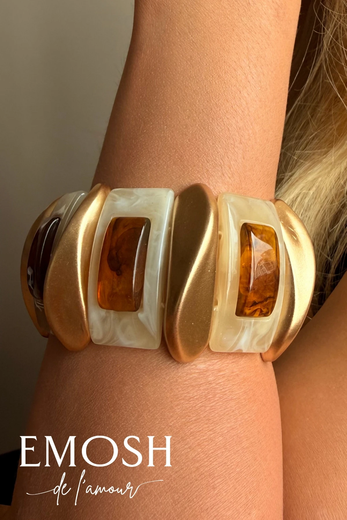 Esnek Kehribar & Krem Manşet Bileklik | Altın Plakalı Lüks Statement Retro Bangle