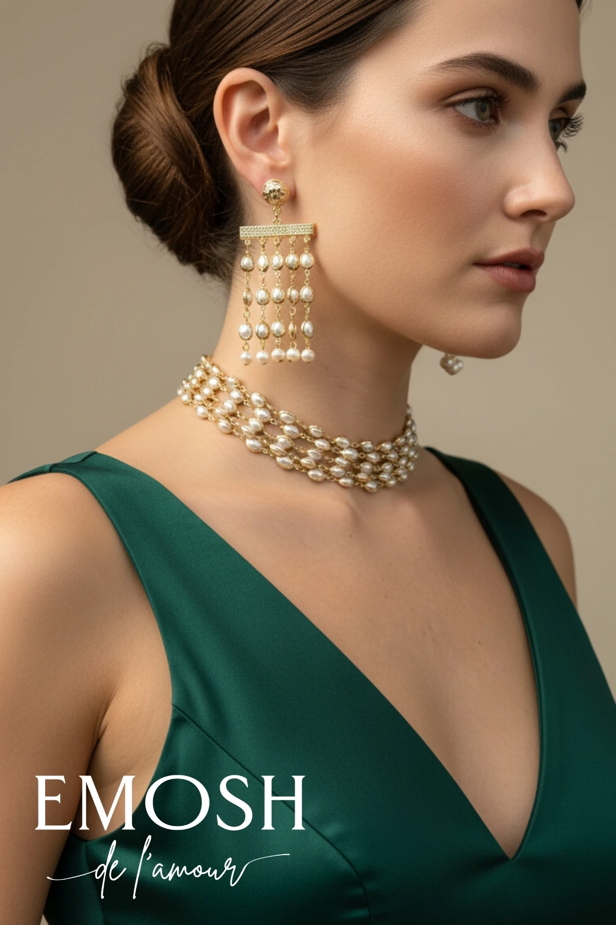 Lüks İnci Detaylı 2'li Set - Choker Küpe Kolye Düğün Set