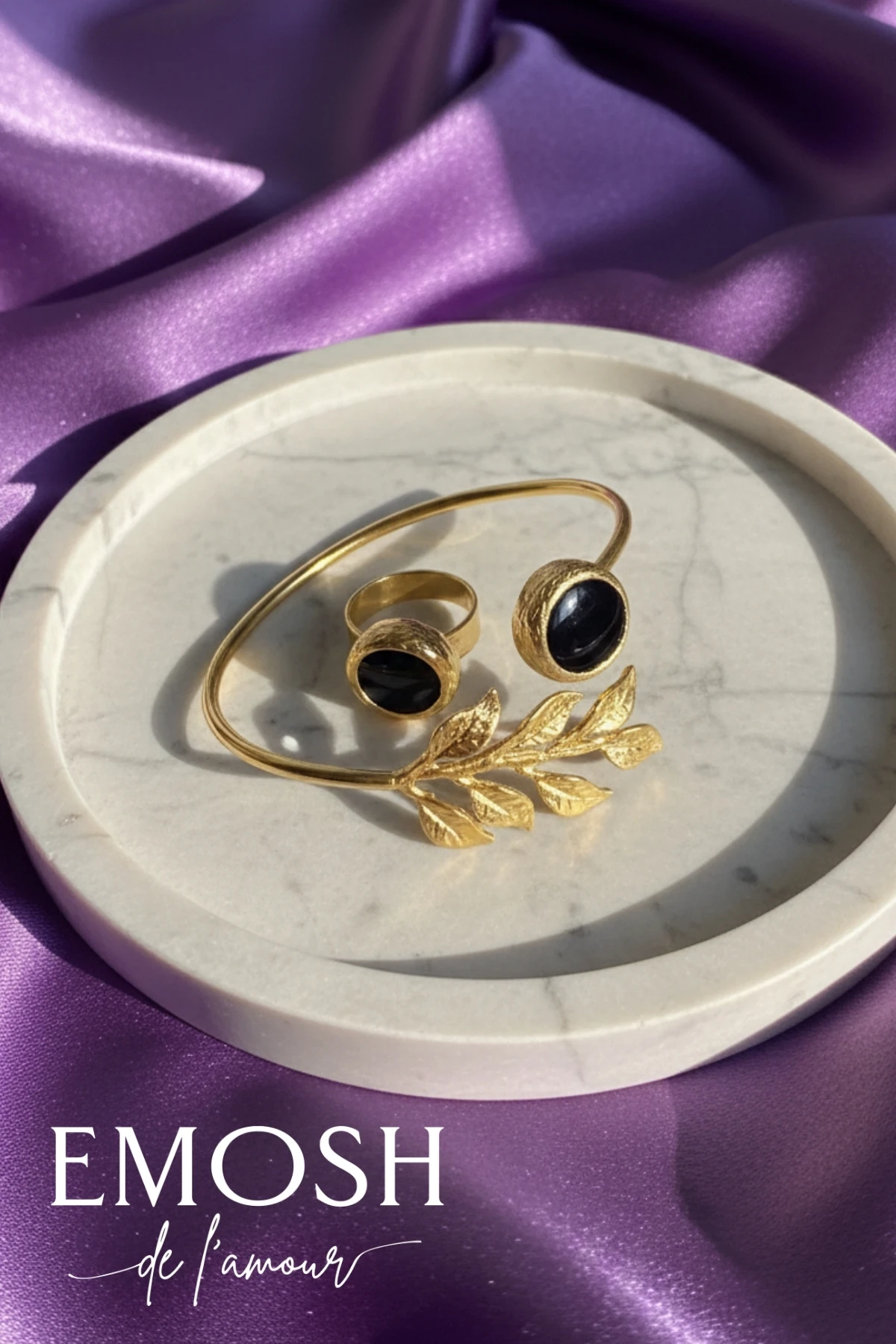 Antik Stil Zeytin Dalı Siyah Akik Taşlı Kelepçe Bileklik Yüzük Seti