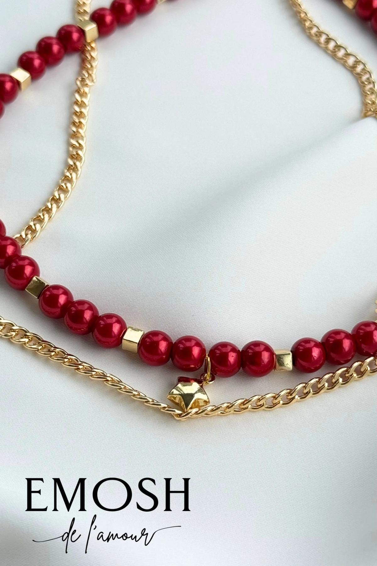 Çift Katmanlı Kırmızı İnci Choker Kolye | Gold Zincirli Yılbaşı & Nişan-Zara Hediye