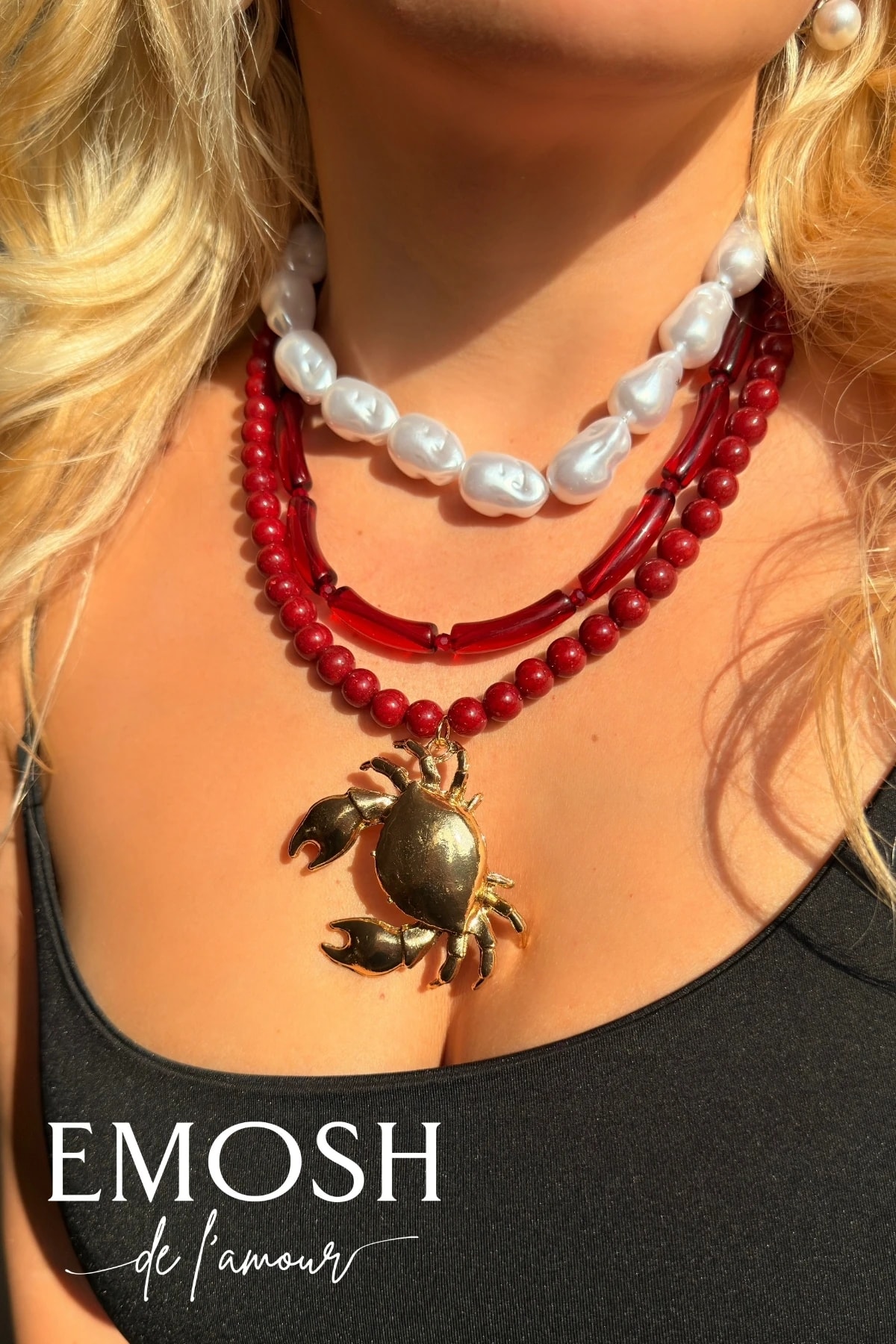 3'lü Layered Yengeç Kolye Seti | İnci Görünüm & Kırmızı Cam Boncuklu | Trend Zara