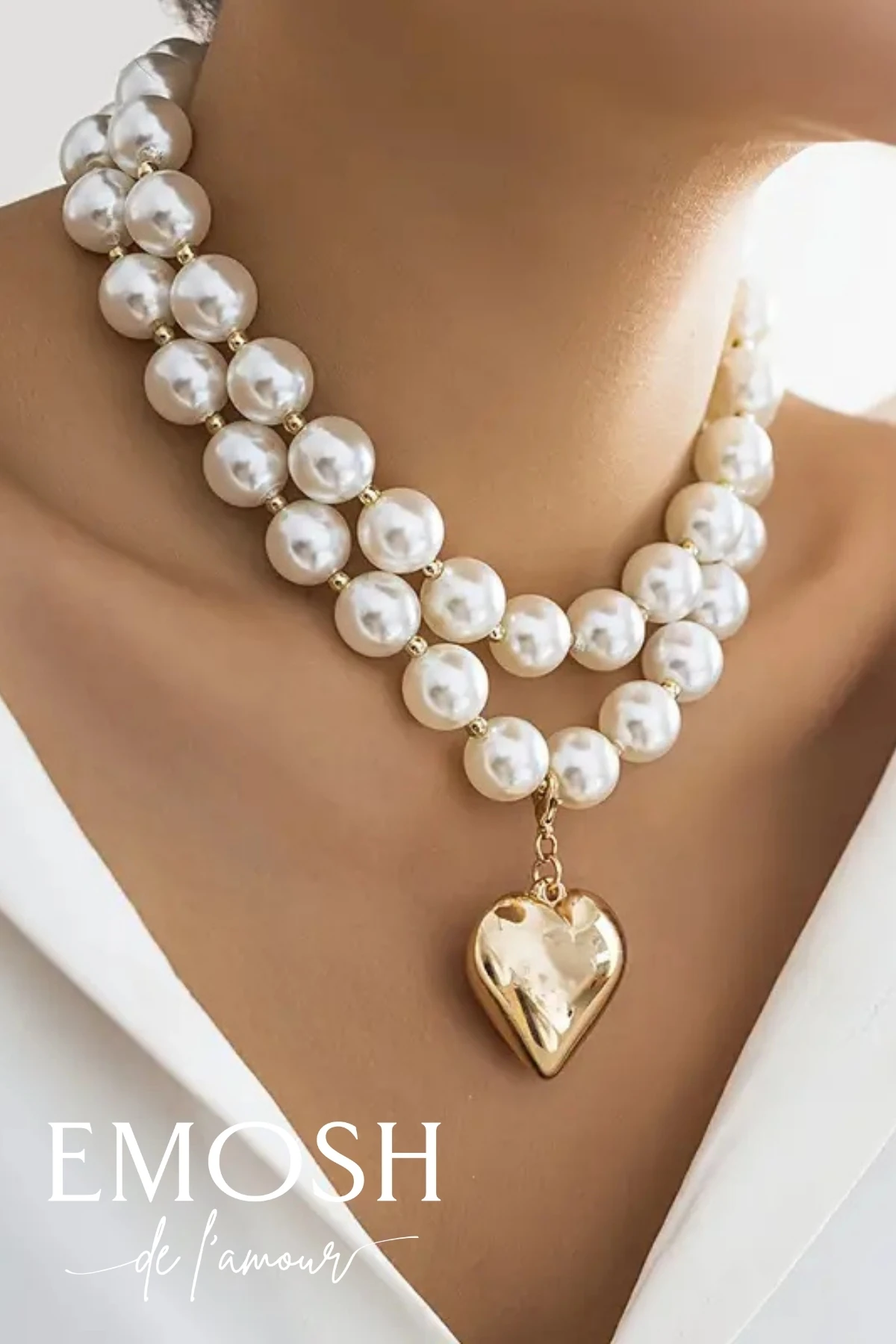 2 Sıralı Lüks İnci Kolye | Büyük Altın Kalp Charm Layered Choker