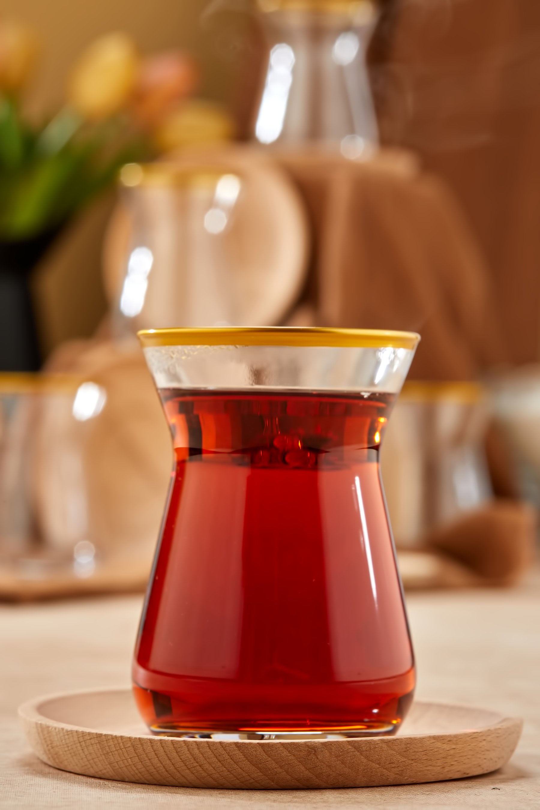 Lüx Ahşap Tabaklı 6 Kişilik Gold Çay Bardağı Seti, Gold Çay Takımı