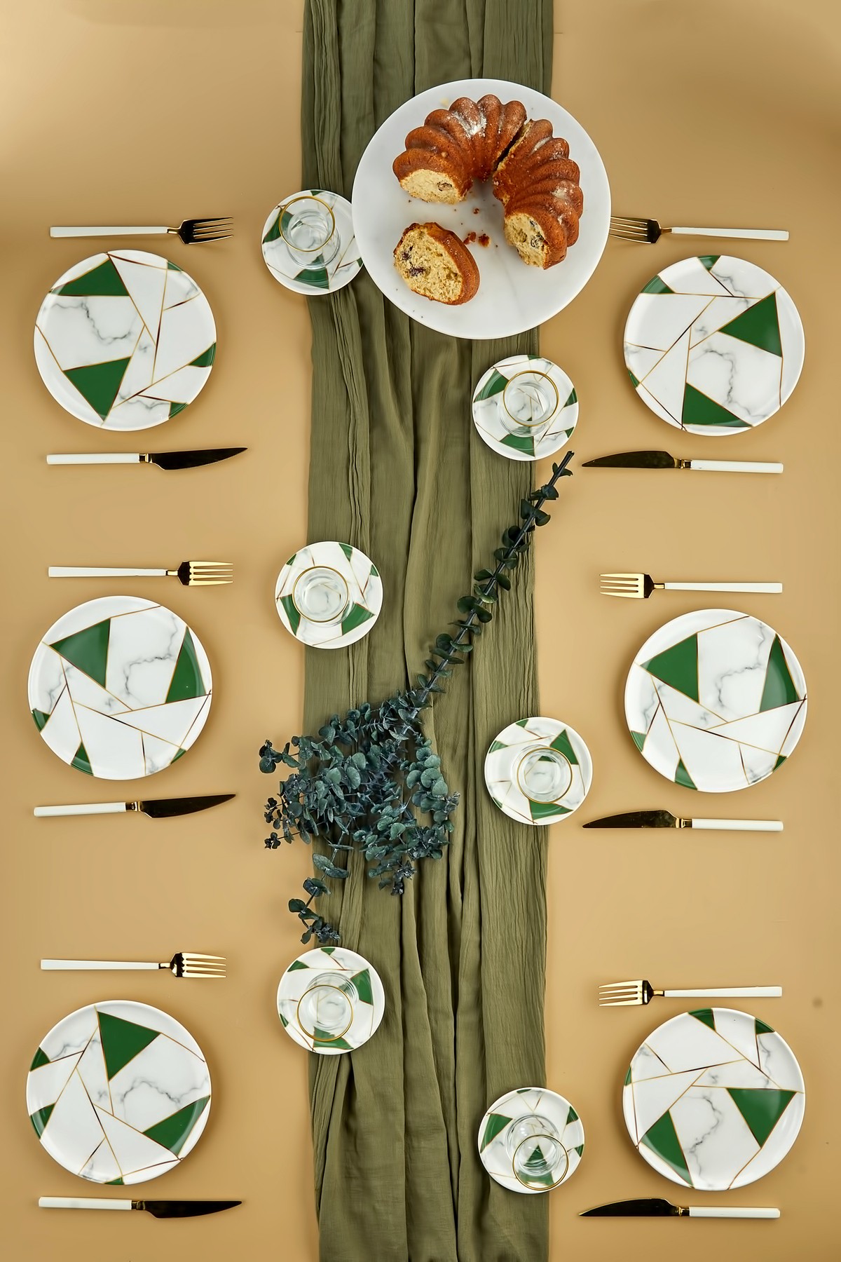 Lüx Seramik Zümrüt Yeşili Mozaik Mermer 18 Parça 6 Kişilik Kahvaltı Takımı, Pasta Seti