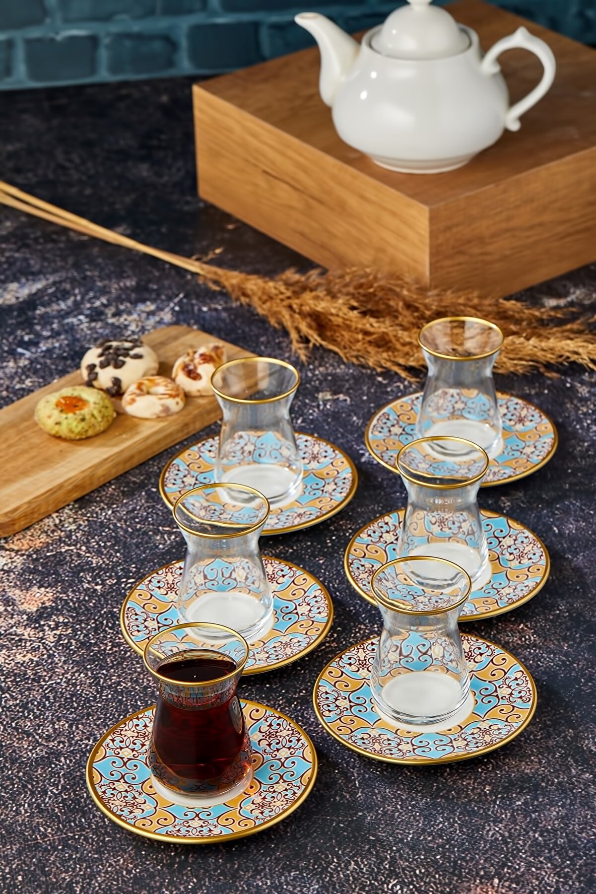 Bone Porselen Tabaklı 12 Parça 6 Kişilik Çay Bardağı Takımı - Sarı