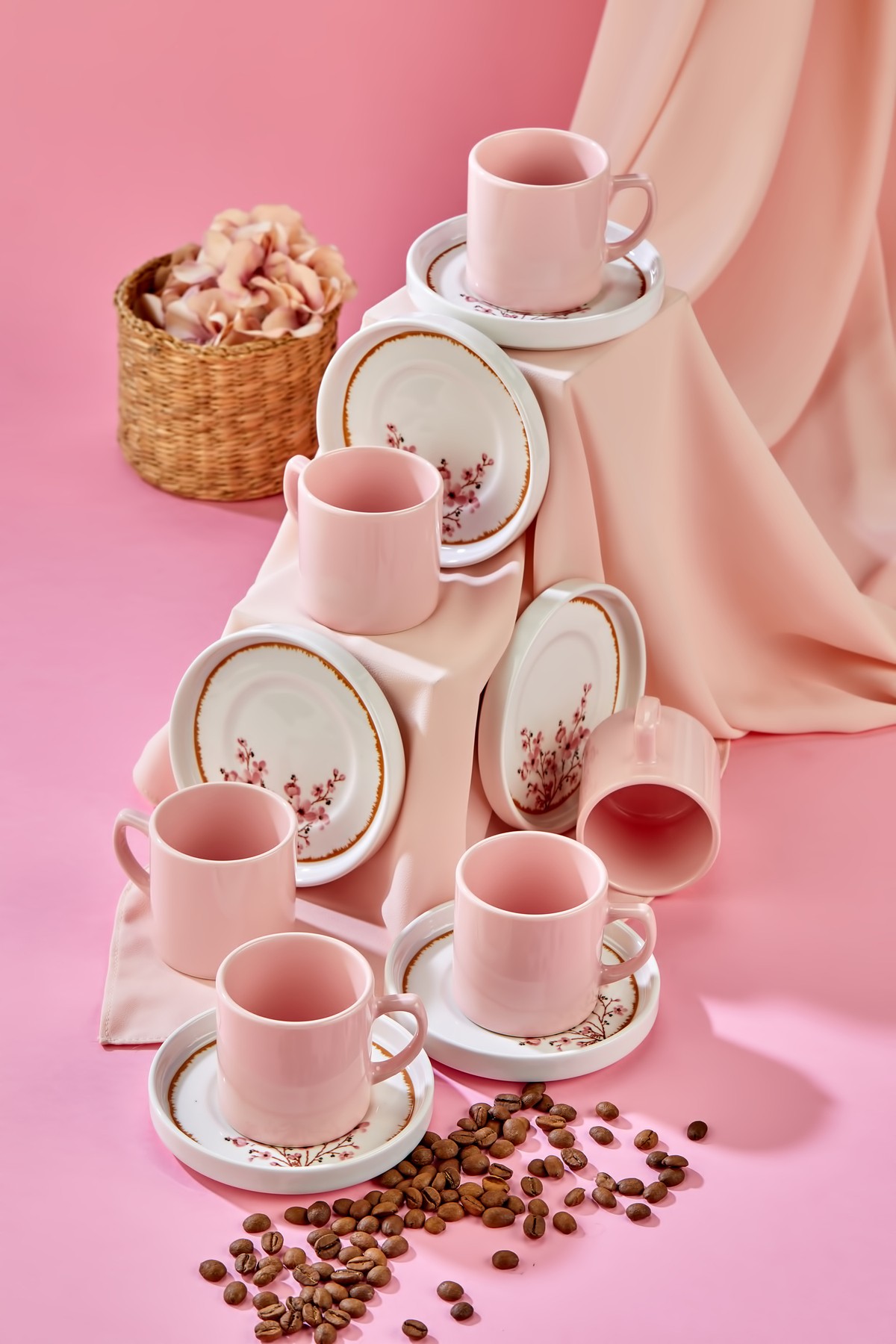 Bond Sakura 12 Parça Lüx Seramik 6 Kişilik Kahve Fincan Takımı Pembe
