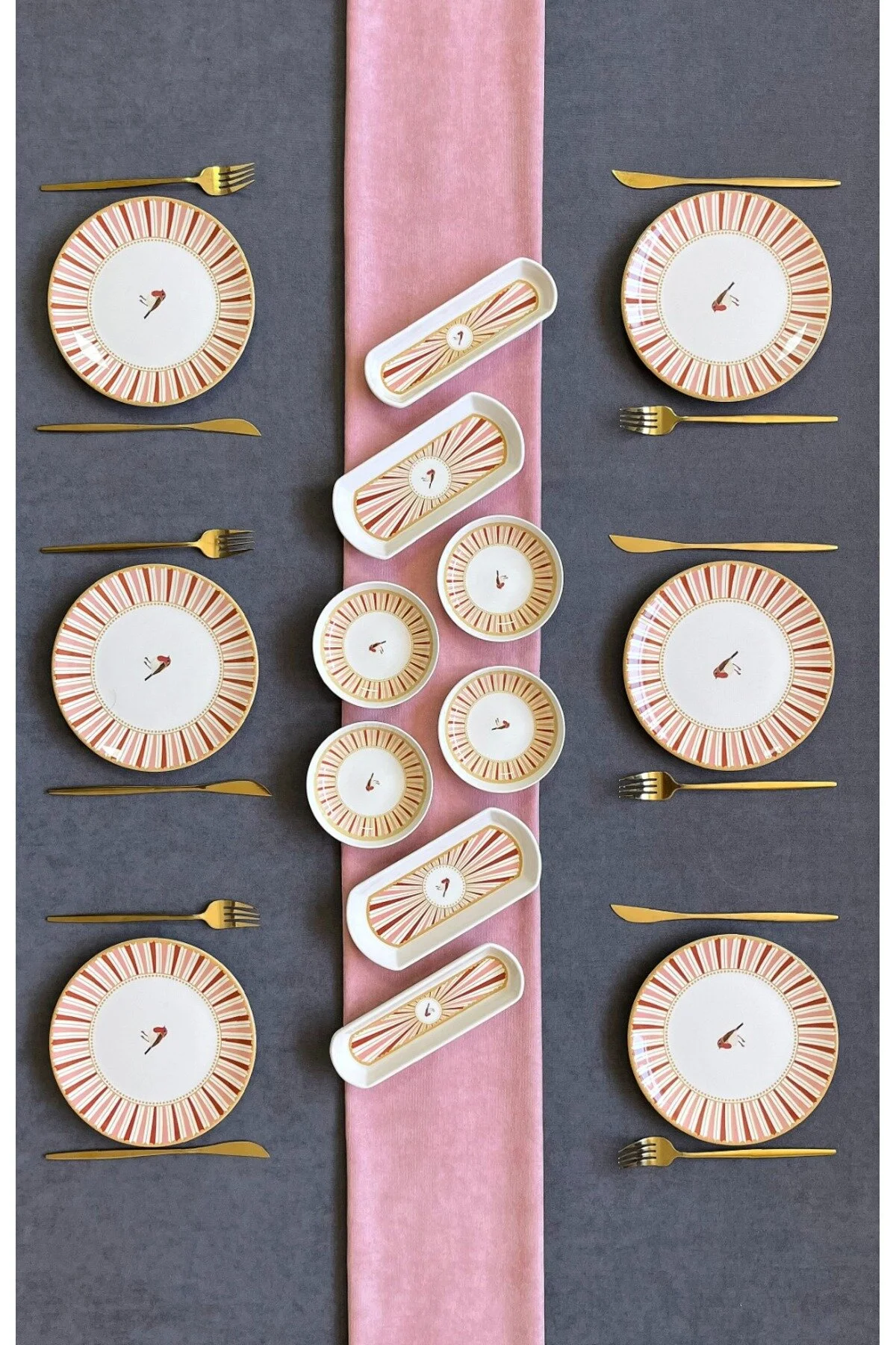 Sevda Kuşu Kırmızı Kuş Desenli 14 Parça 6 Kişilik Kahvaltı Takımı, Seti