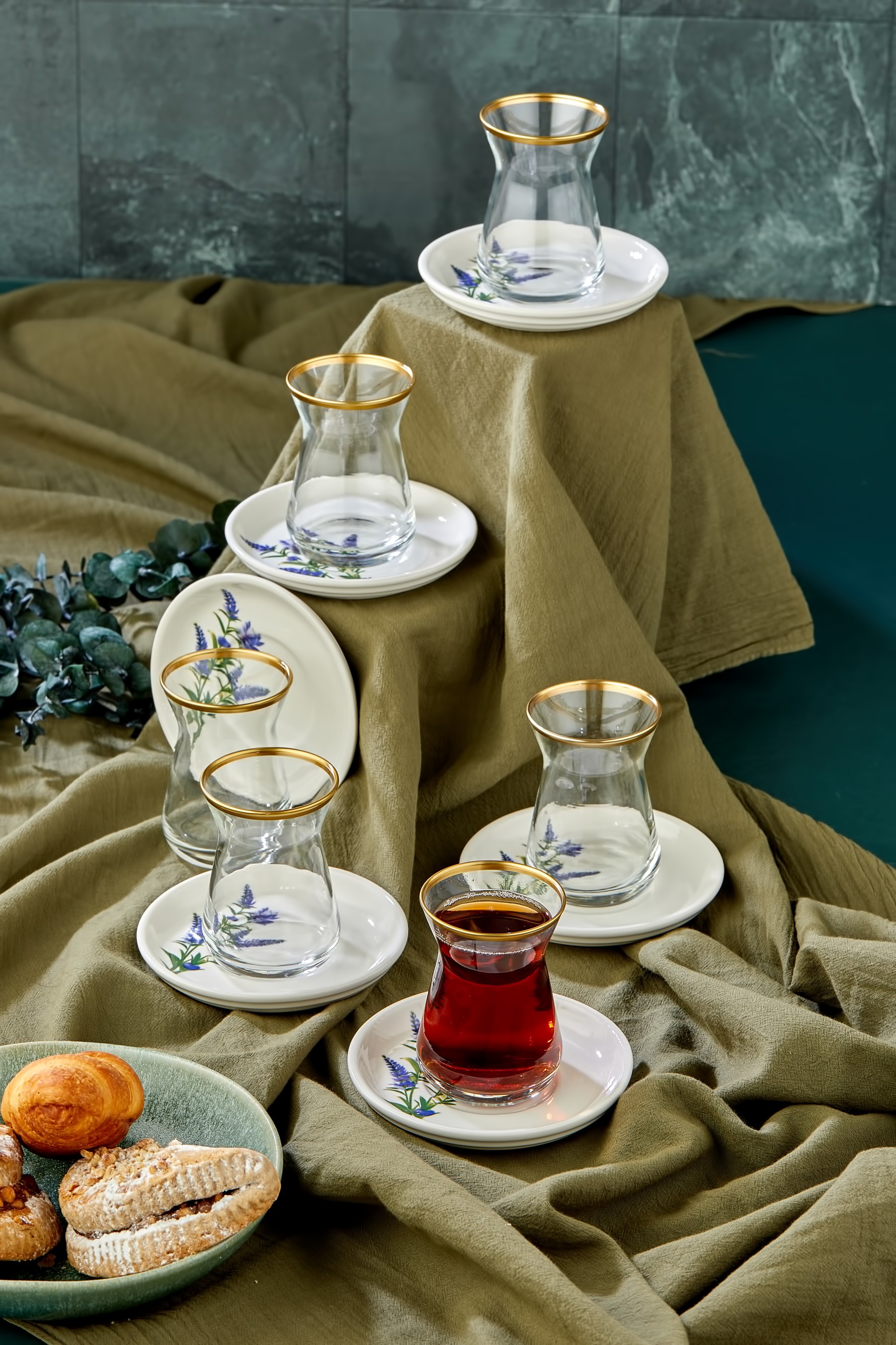 Lavanta Lüx Seramik Gold Altın Yaldız 12 Parça 6 Kişilik Çay Bardağı Takımı, Çay Seti