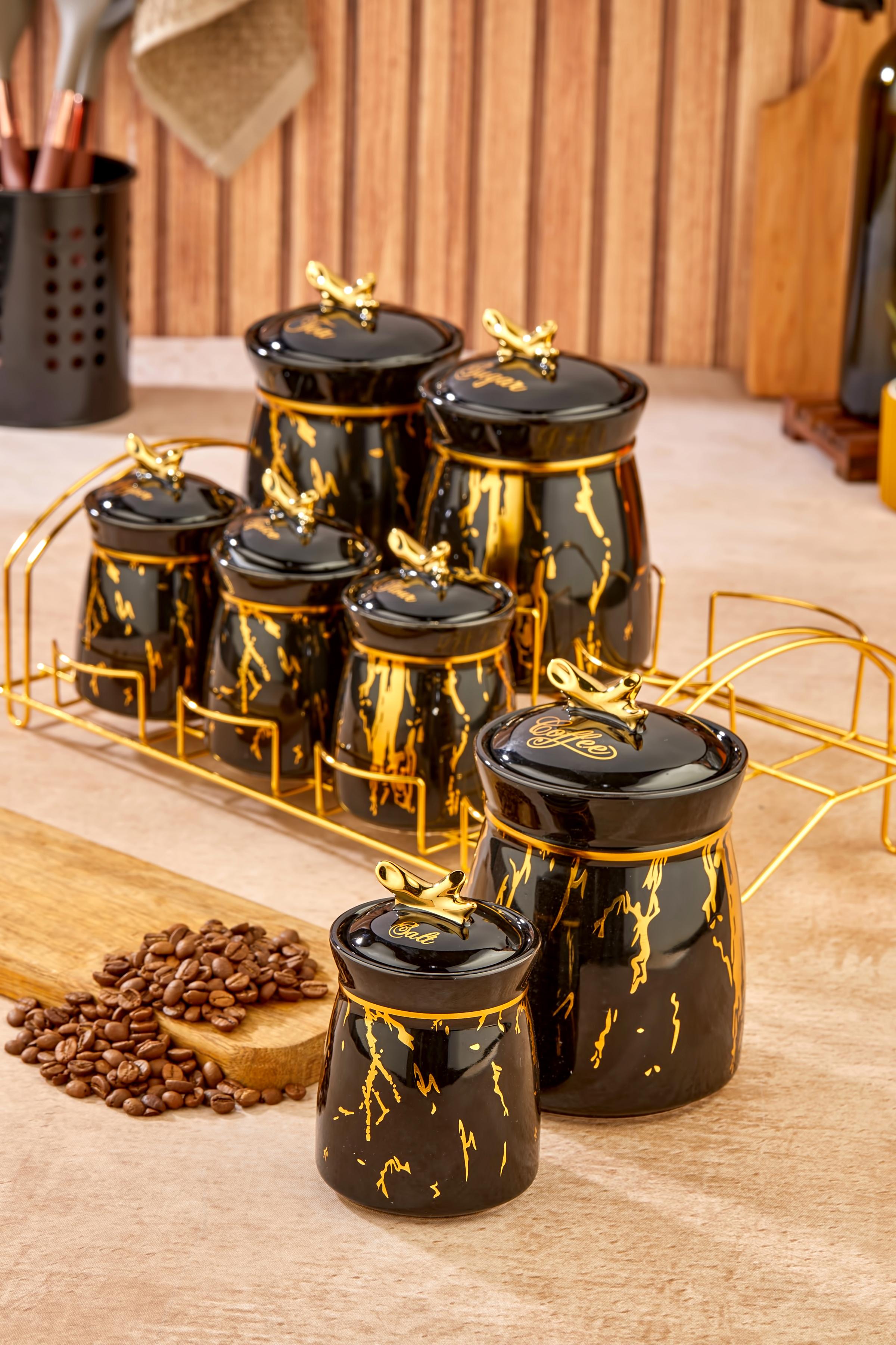 7 Parça Standlı Lüx Porselen Gold Yaldızlı Dal Siyah Porselen Baharat Takımı Saklama Seti