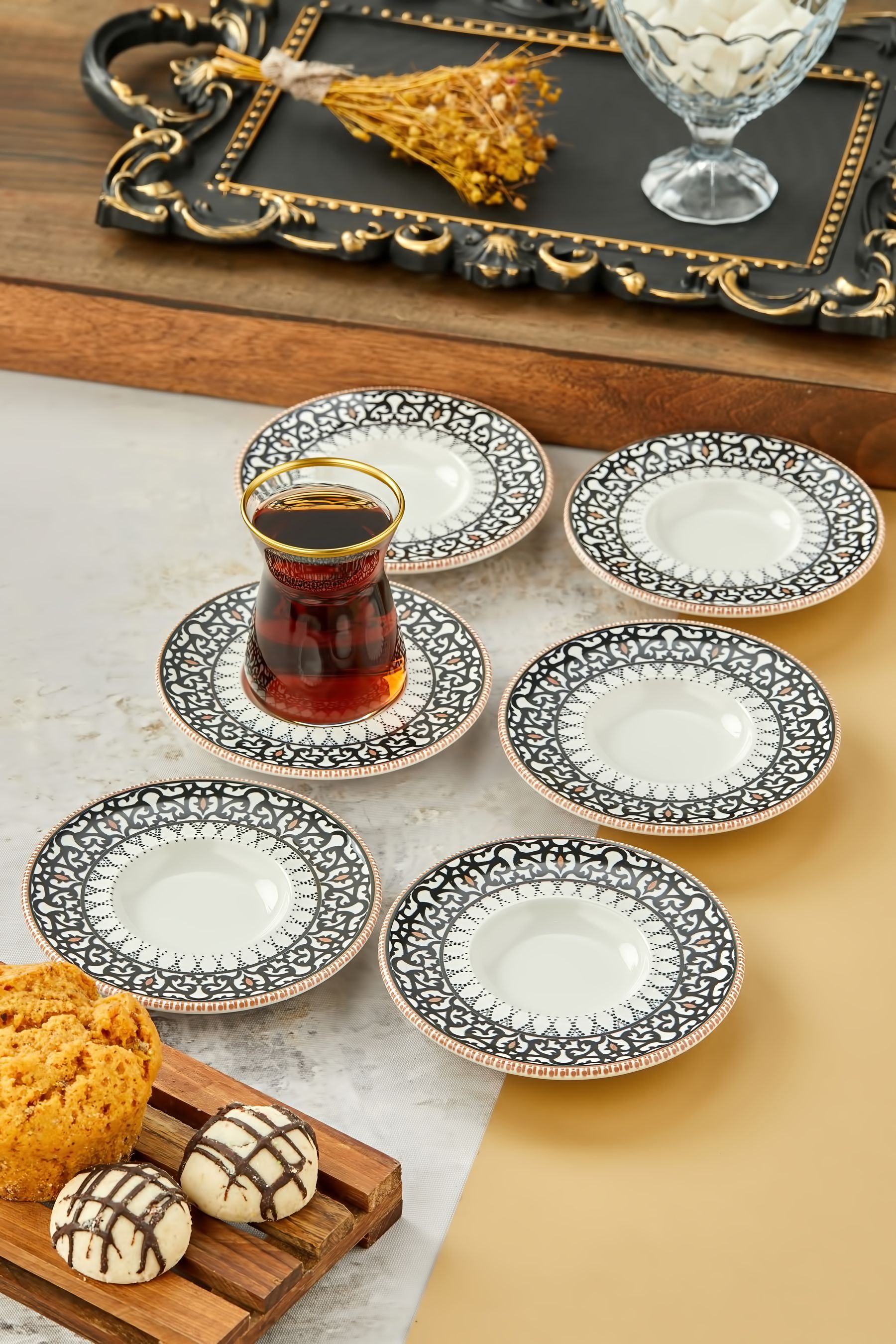 Siyah Motifli 6 Kişilik Çay Tabağı, Bardak Altlığı