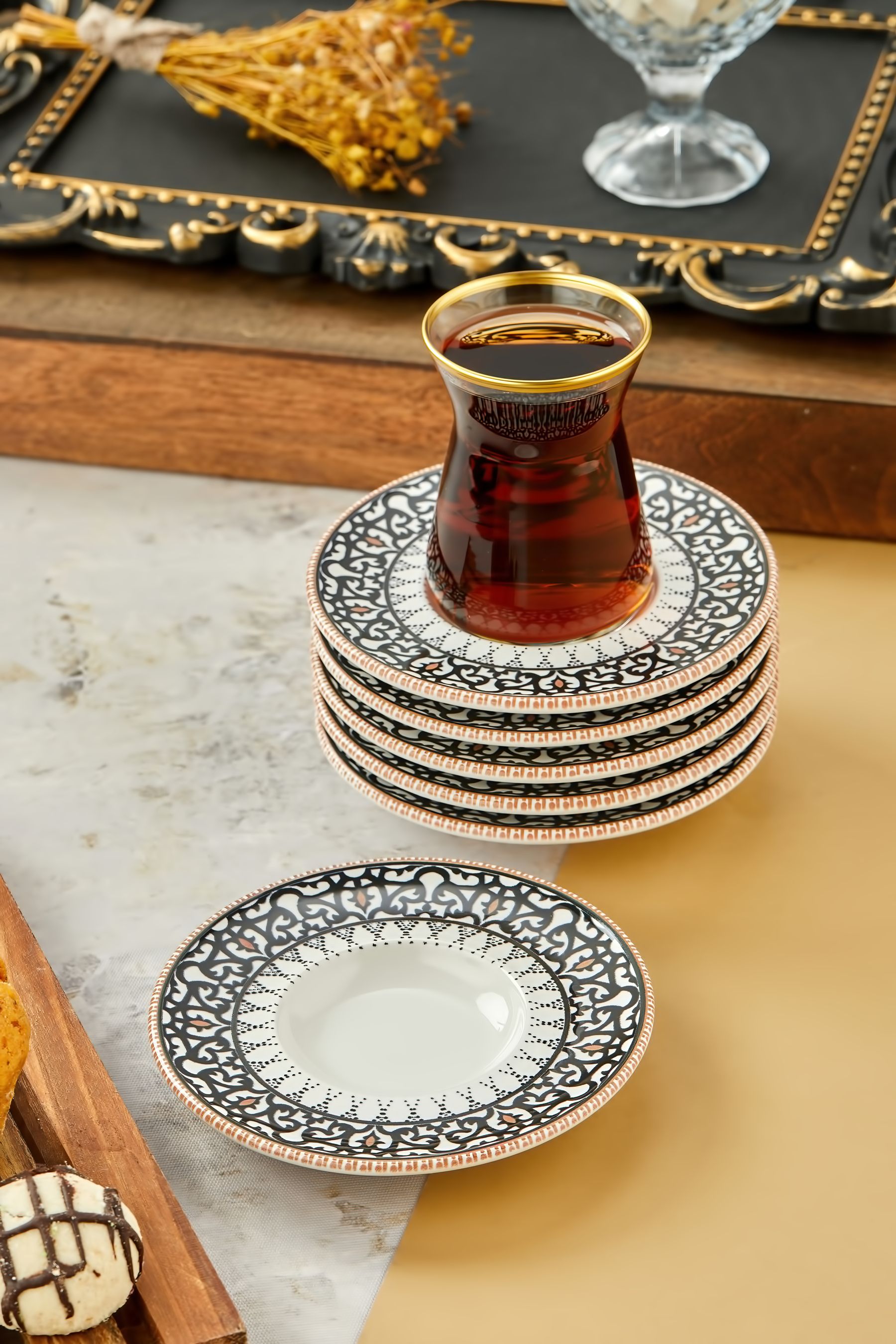 Siyah Motifli 6 Kişilik Çay Tabağı, Bardak Altlığı