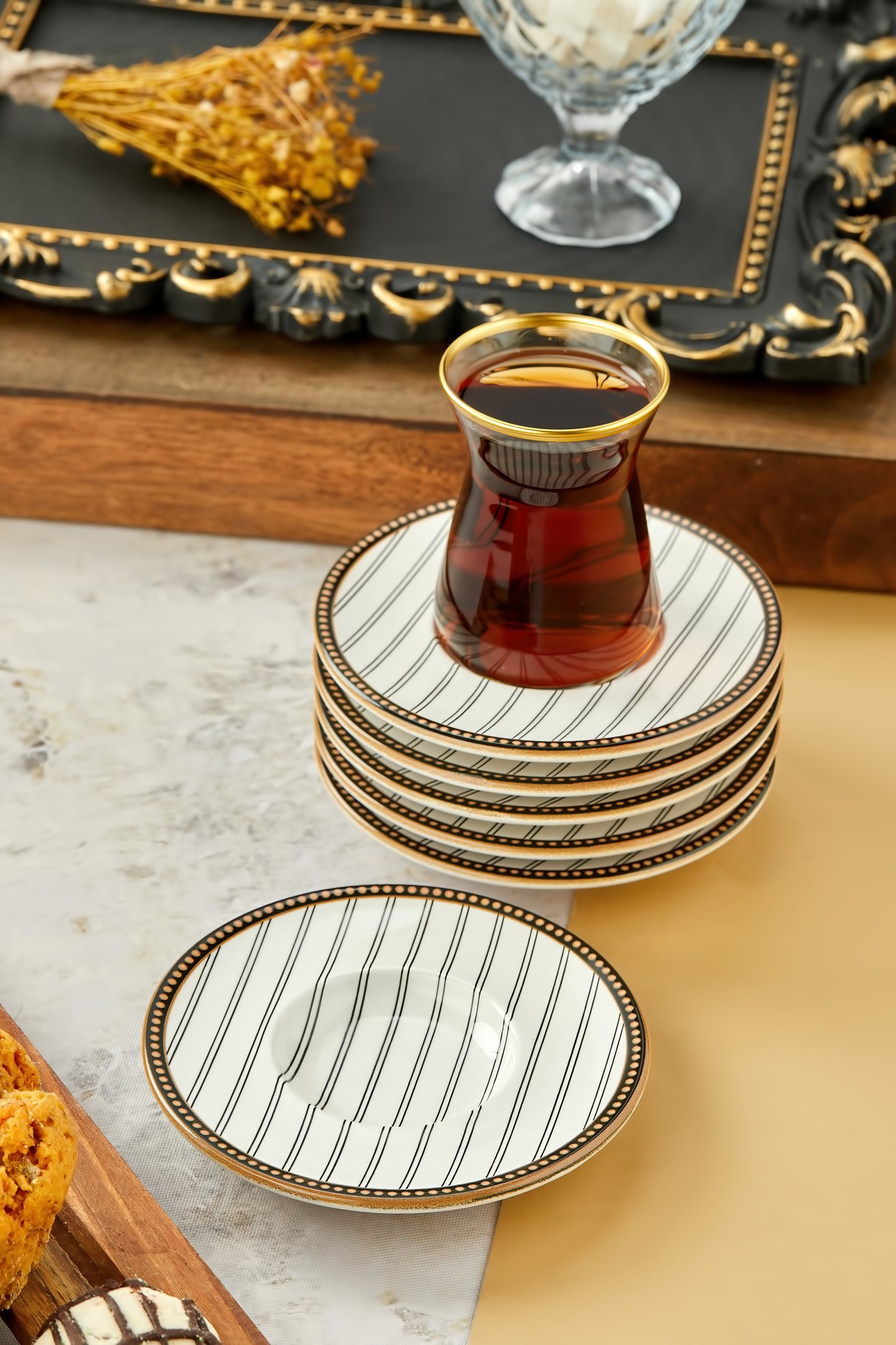 Çizgi Model 6 Kişilik Çay Tabağı, Bardak Altlığı