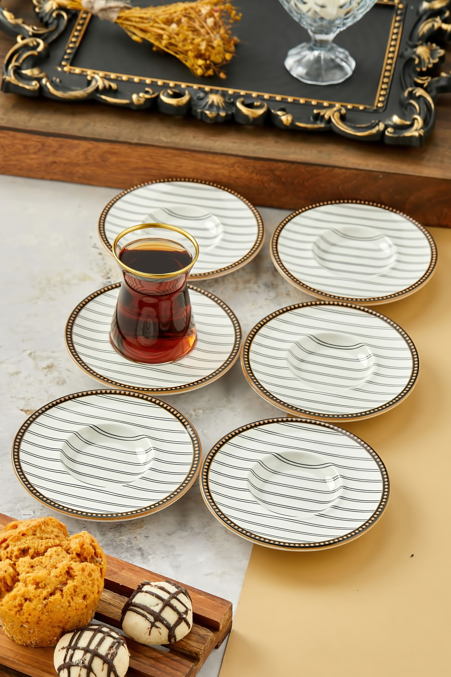 Çizgi Model 6 Kişilik Çay Tabağı, Bardak Altlığı