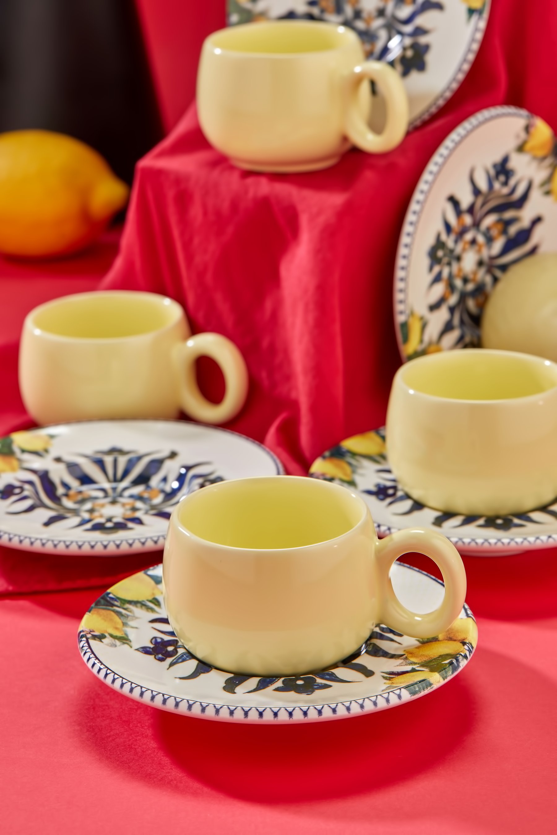 Otantik Tasarım Limon Desenli 12 Parça Lüx Seramik 6 Kişilik Kahve Fincan Takımı, Kahve Fincanı
