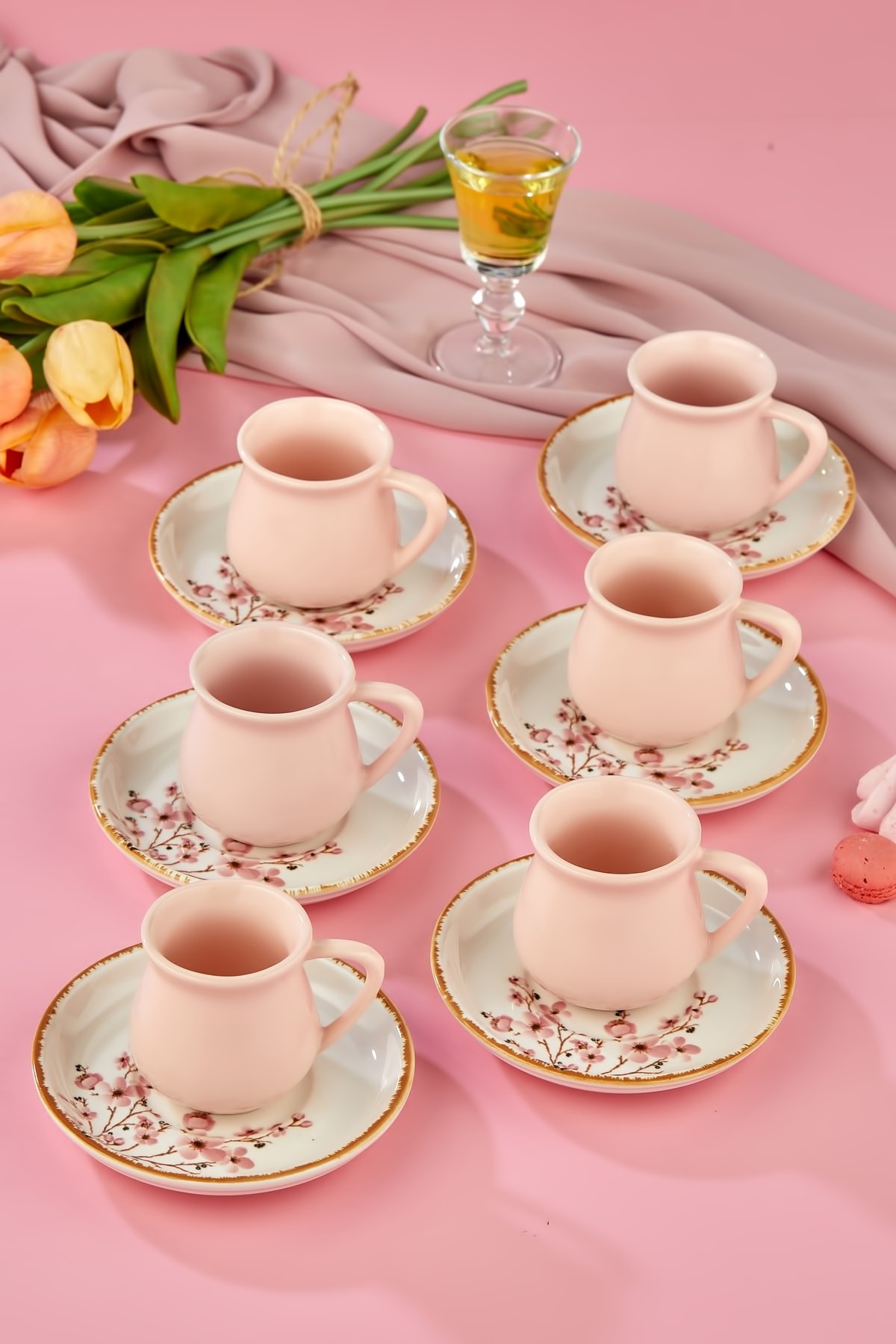 Sakura Pembe 12 Parça Lüx Seramik 6 Kişilik Kahve Fincan Takımı, Kahve Fincanı