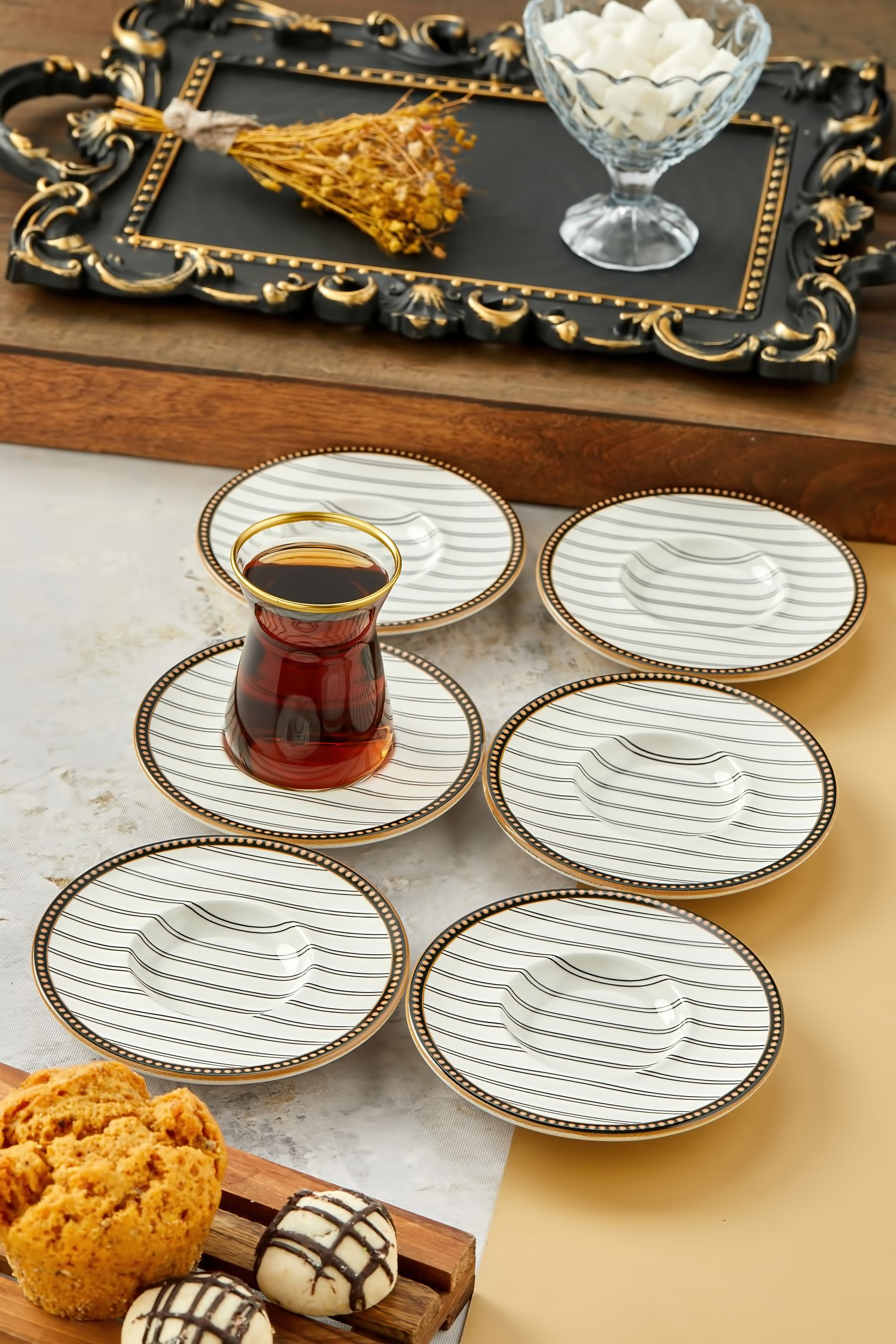 Çizgi Model 6 Kişilik Çay Tabağı, Bardak Altlığı