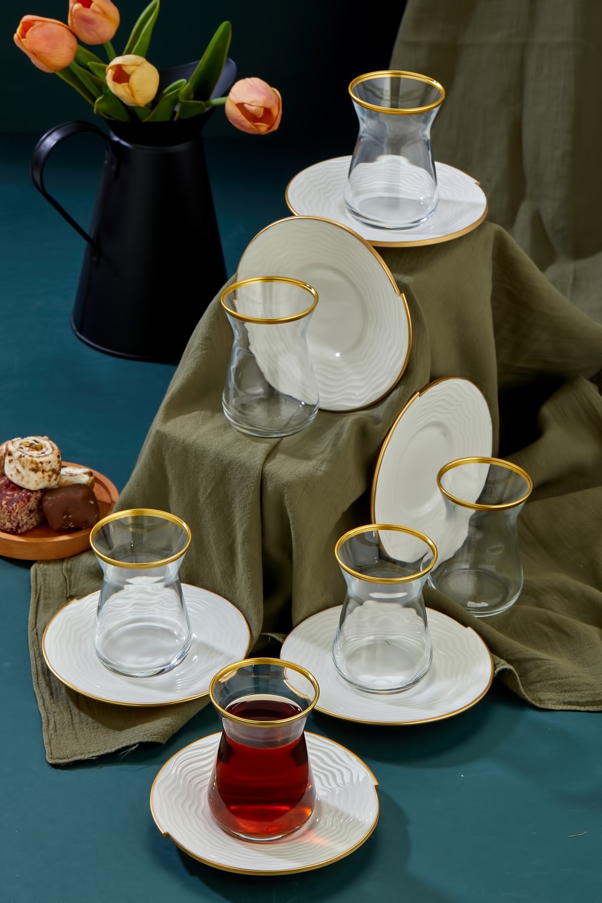 Outlet Porselen Gold Altın Yaldız 12 Parça 6 Kişilik Çay Bardağı Takımı, Çay Seti