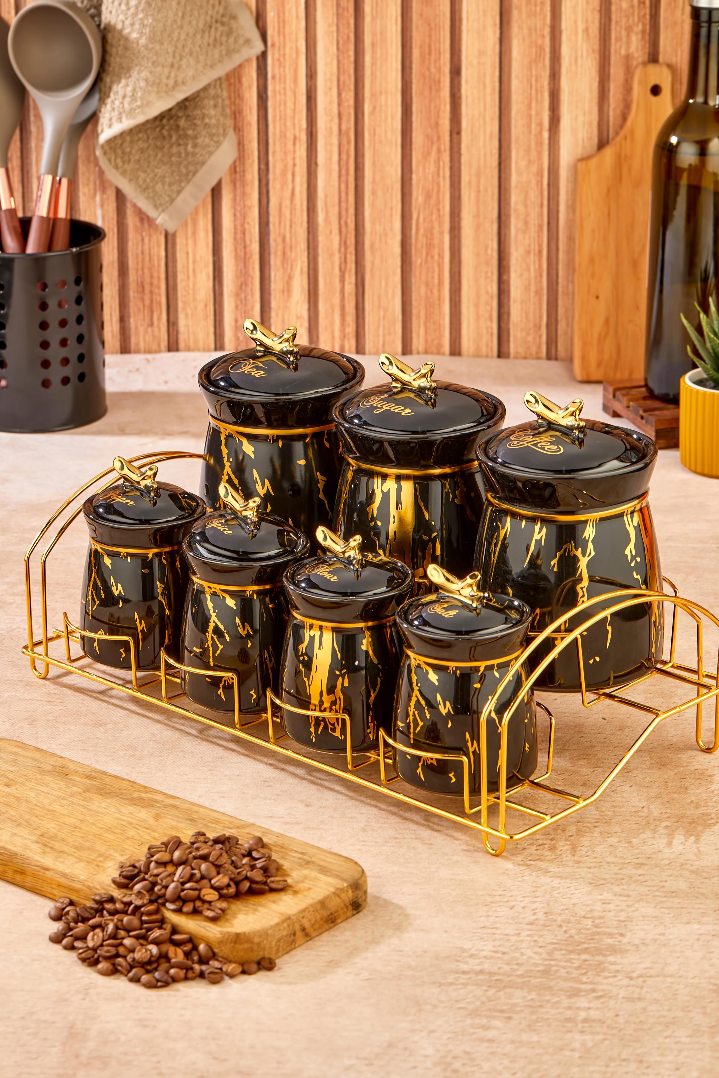 7 Parça Standlı Lüx Porselen Gold Yaldızlı Dal Siyah Porselen Baharat Takımı Saklama Seti