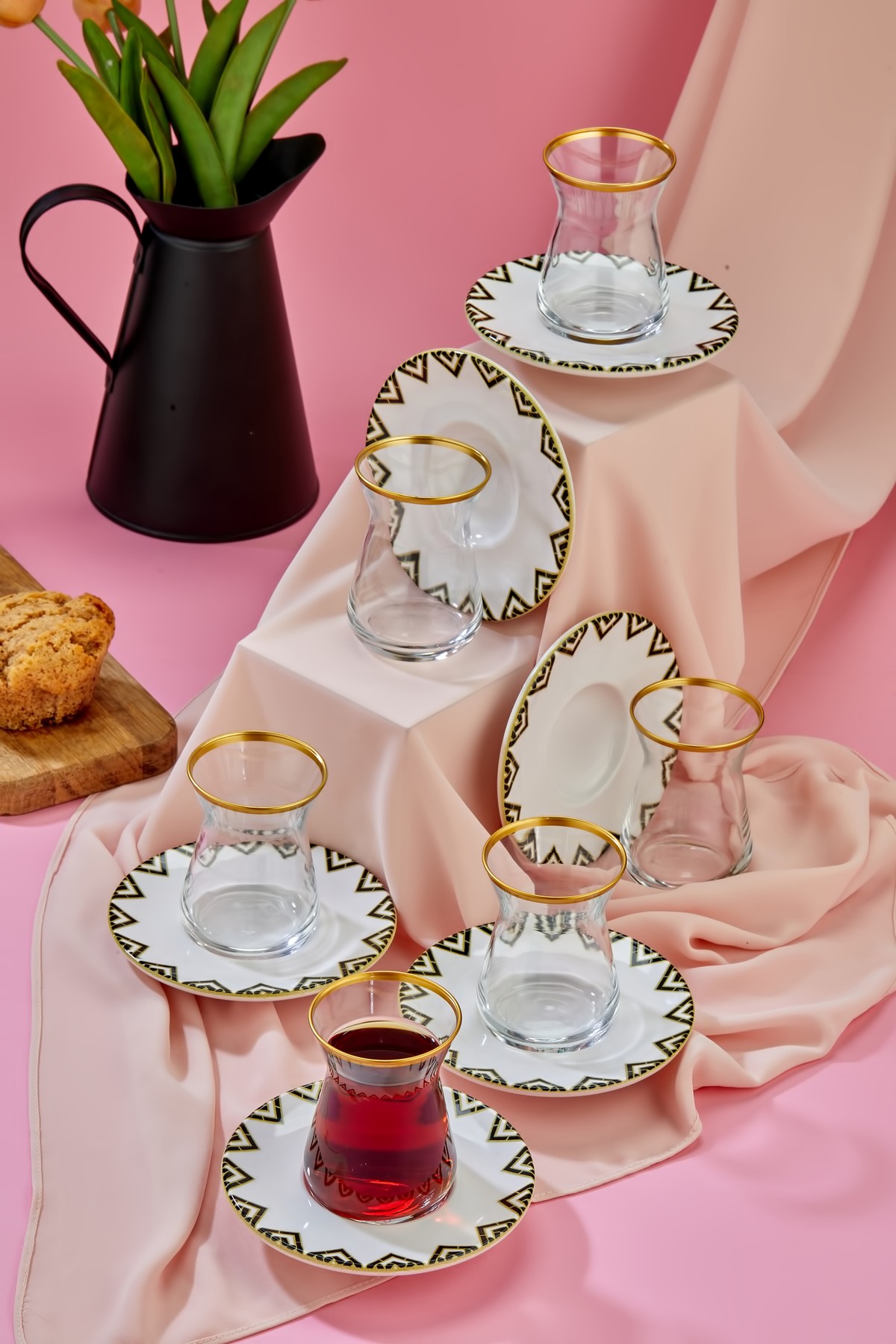 Gold Dekorlu Pramit 12 Parça 6 Kişilik Çay Bardağı Takımı Seti, Çay Seti