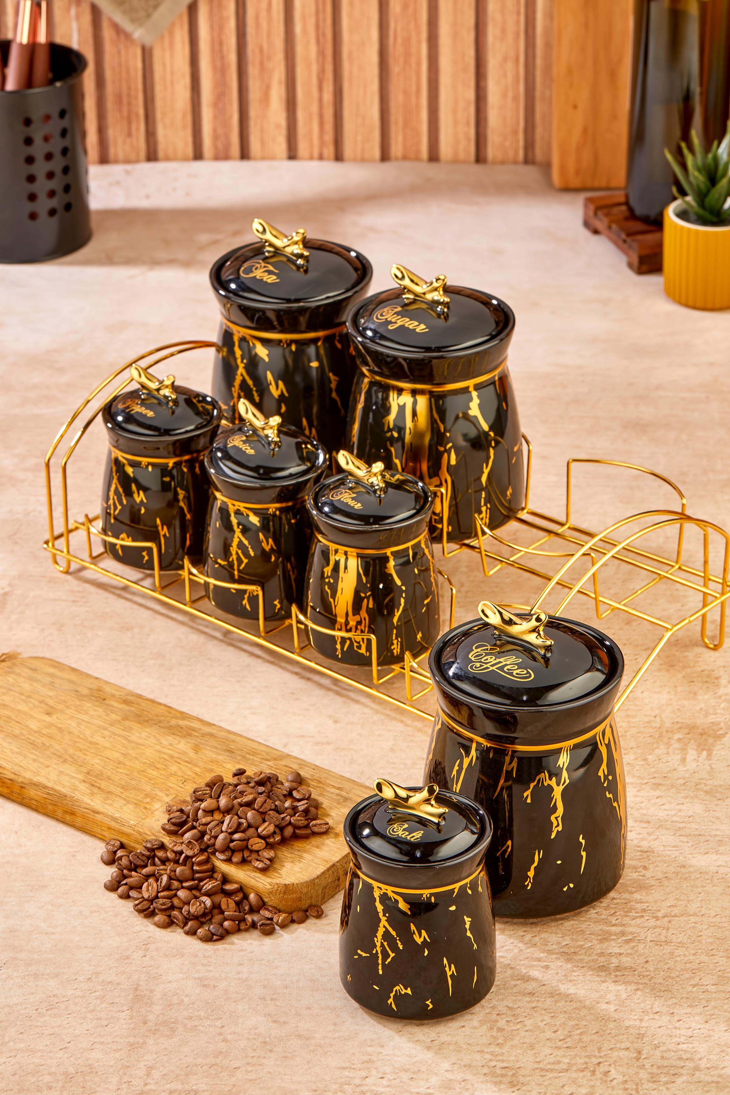 7 Parça Standlı Lüx Porselen Gold Yaldızlı Dal Siyah Porselen Baharat Takımı Saklama Seti