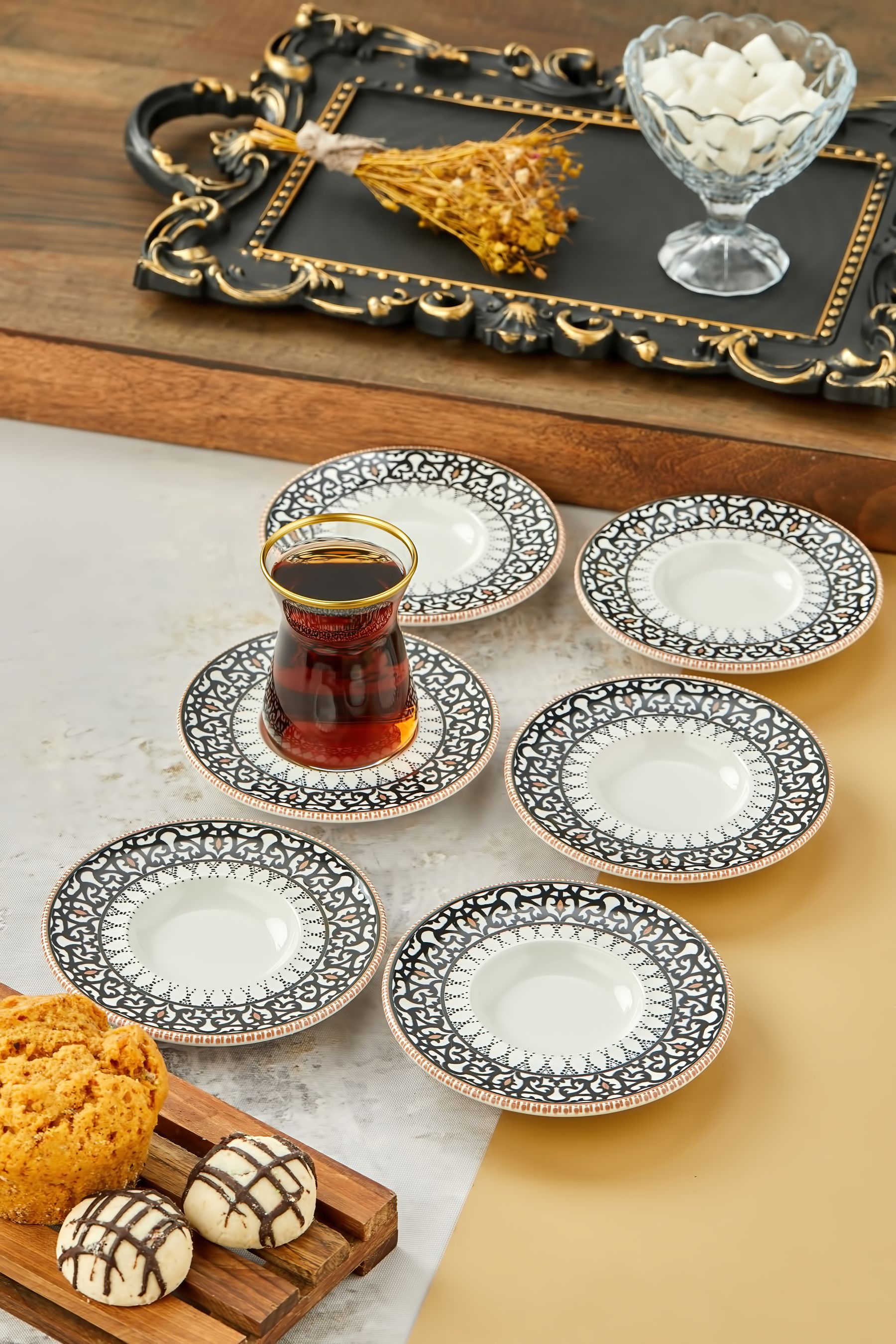 Siyah Motifli 6 Kişilik Çay Tabağı, Bardak Altlığı