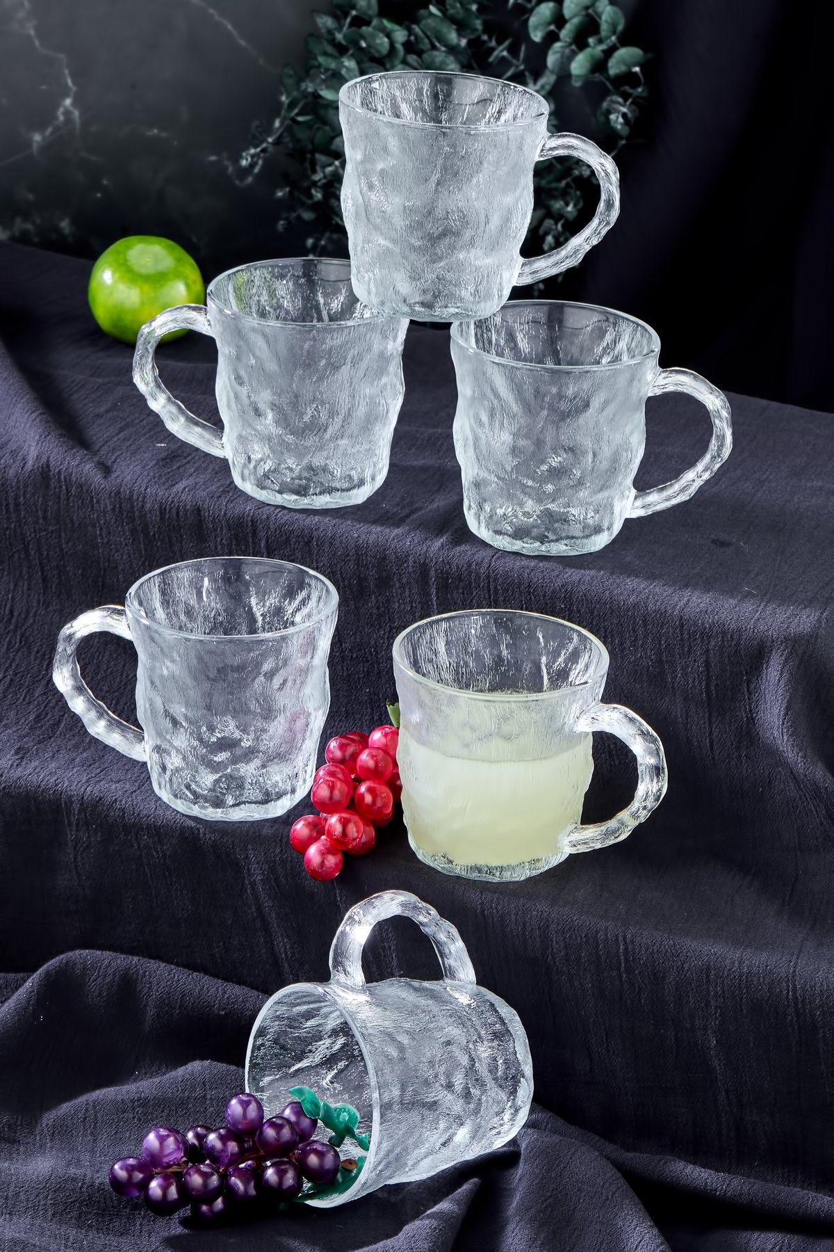 6 Adet Buzul Lüx Cam Orta Kupa Bardak Takımı, Şeffaf Çay Kahve Luster Meşrubat Bardağı