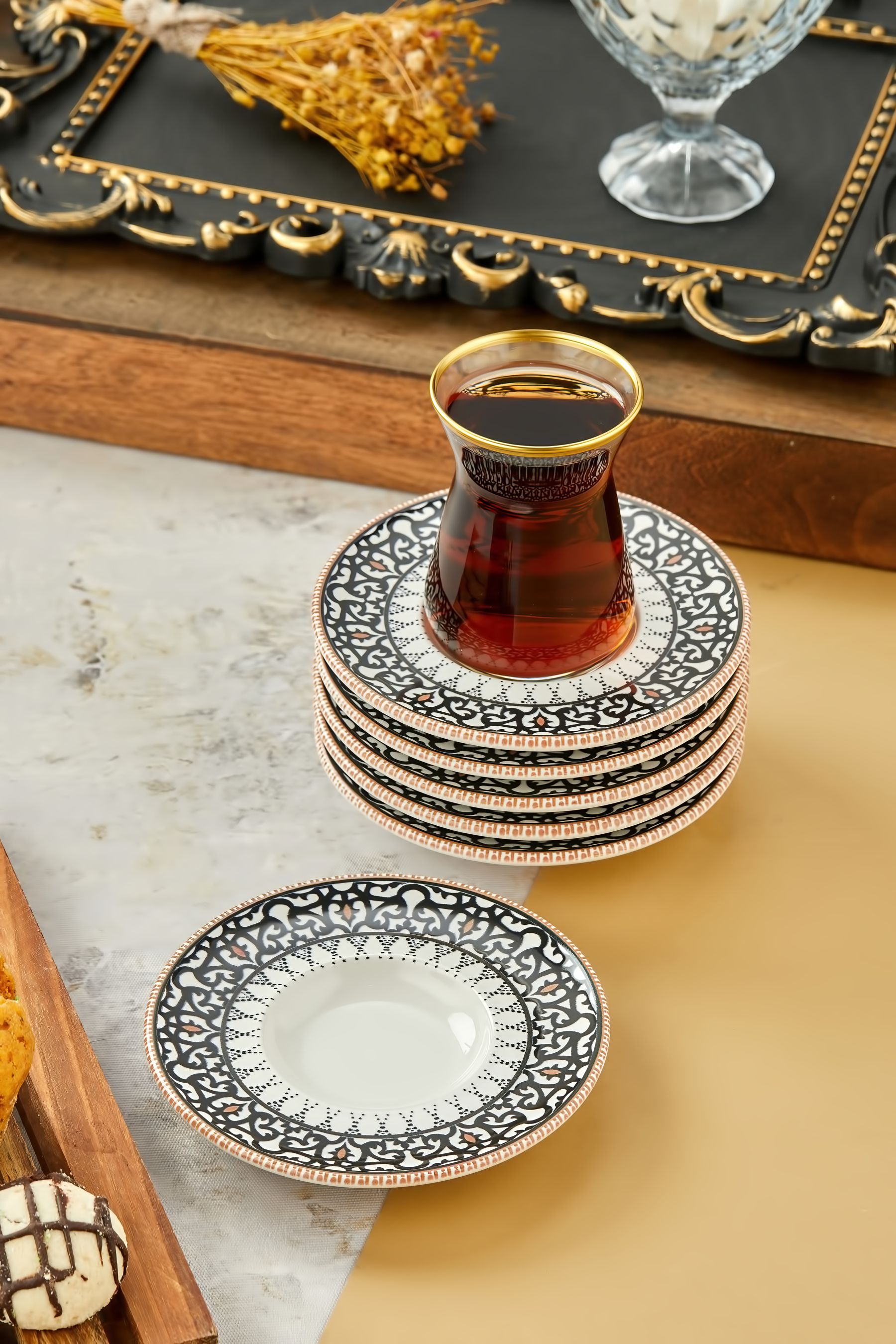 Siyah Motifli 6 Kişilik Çay Tabağı, Bardak Altlığı