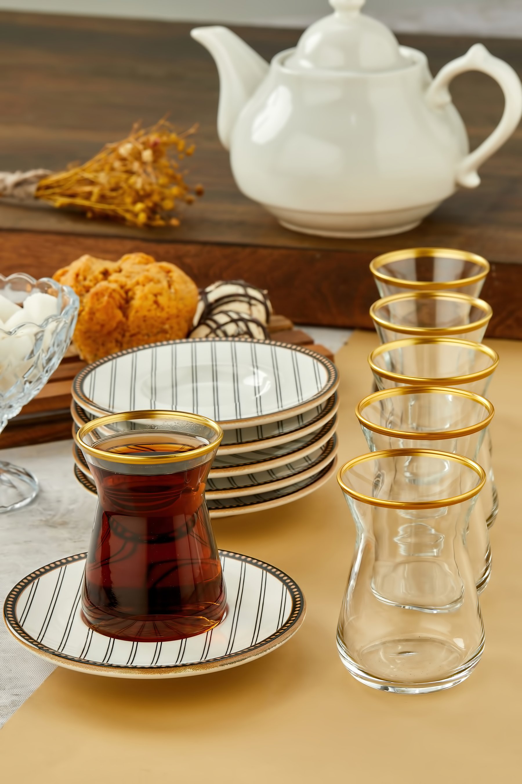 Gold Dekorlu 12 Parça 6 Kişilik Çay Bardağı ve Tabağı, Çay Takımı, Çay Seti