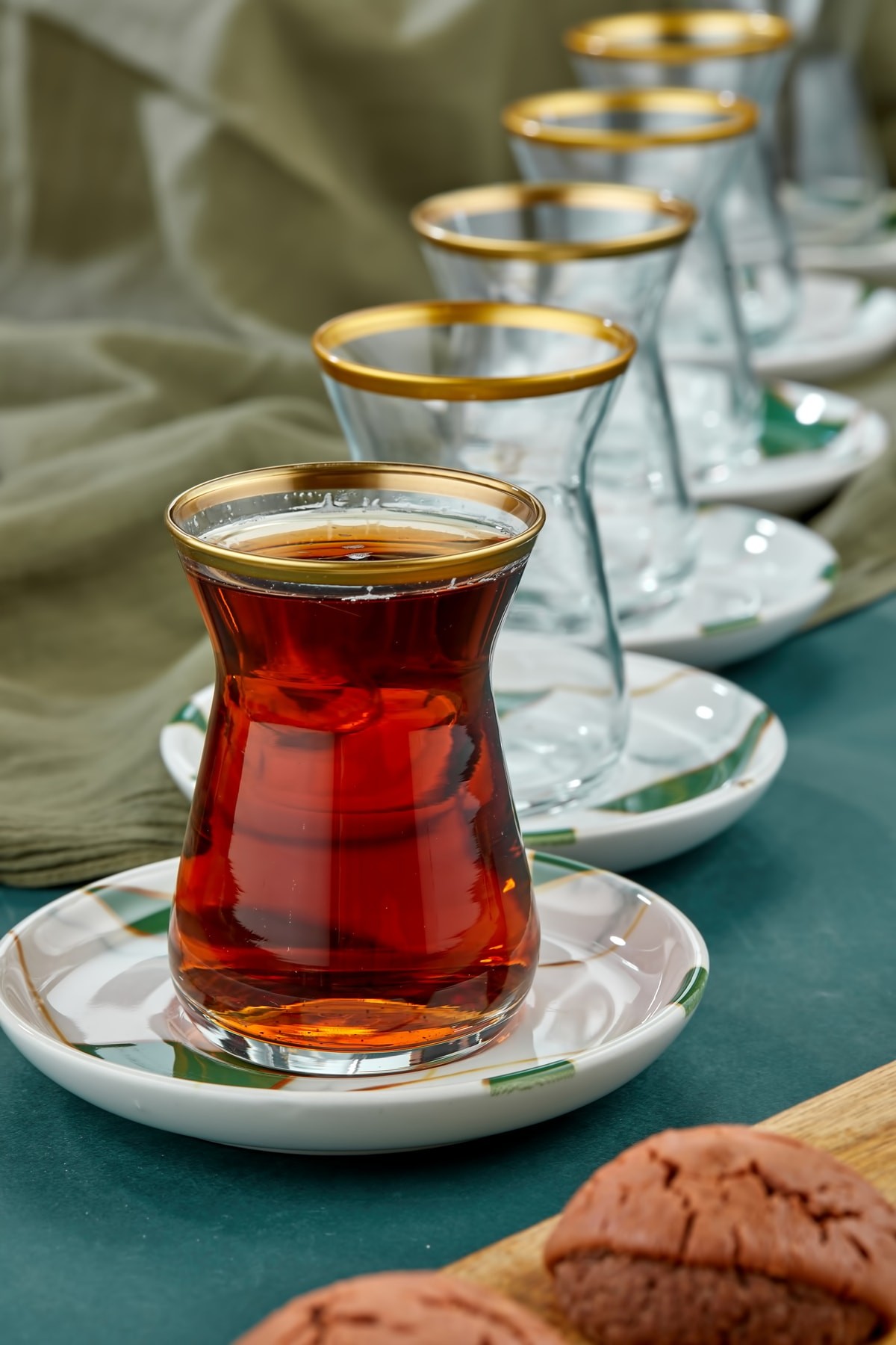 Zümrüt Yeşili Mozaik Mermer Seramik 12 Parça Gold Çay Bardağı Seti, Çay Takımı
