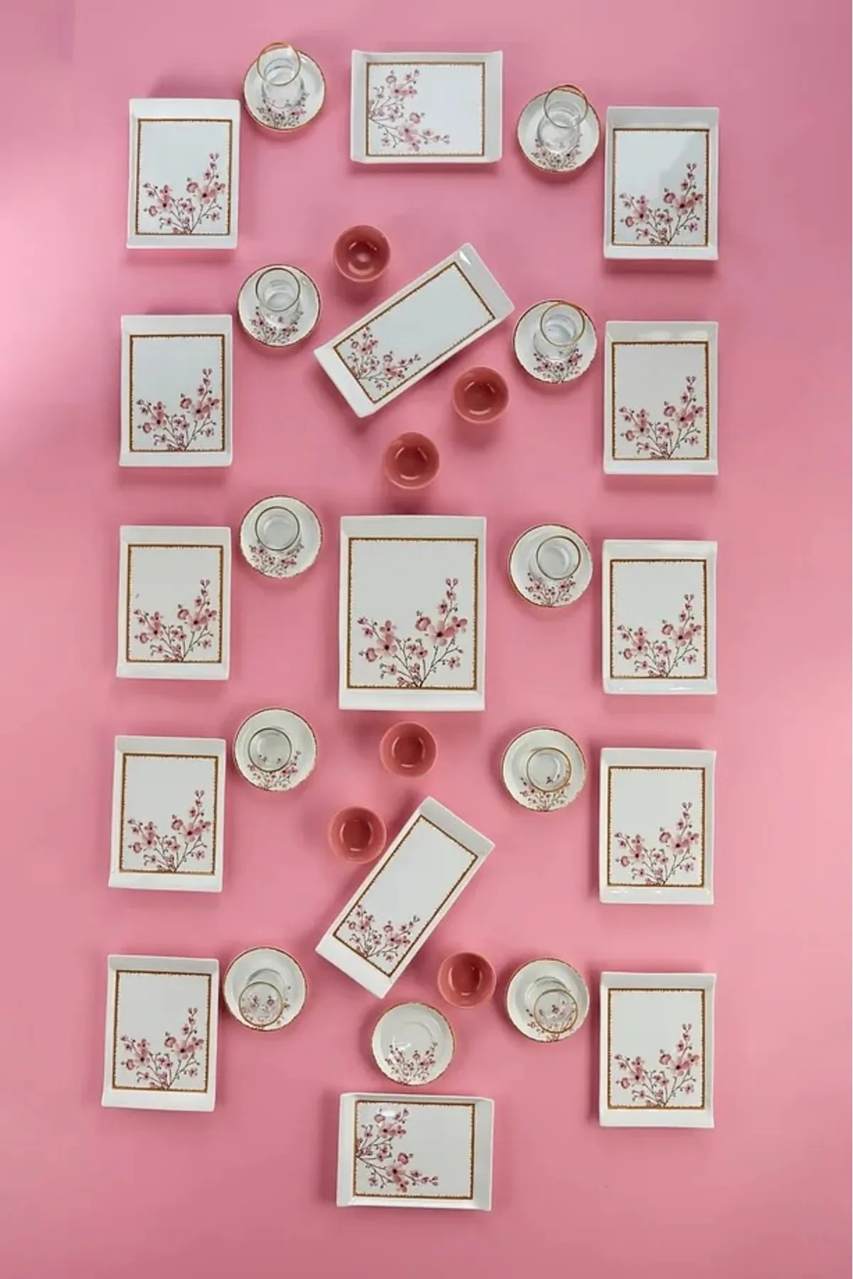 Pembe Sakura Çiçeği 33 Parça 12 Kişilik Kahvaltı Takımı, Sunum Seti