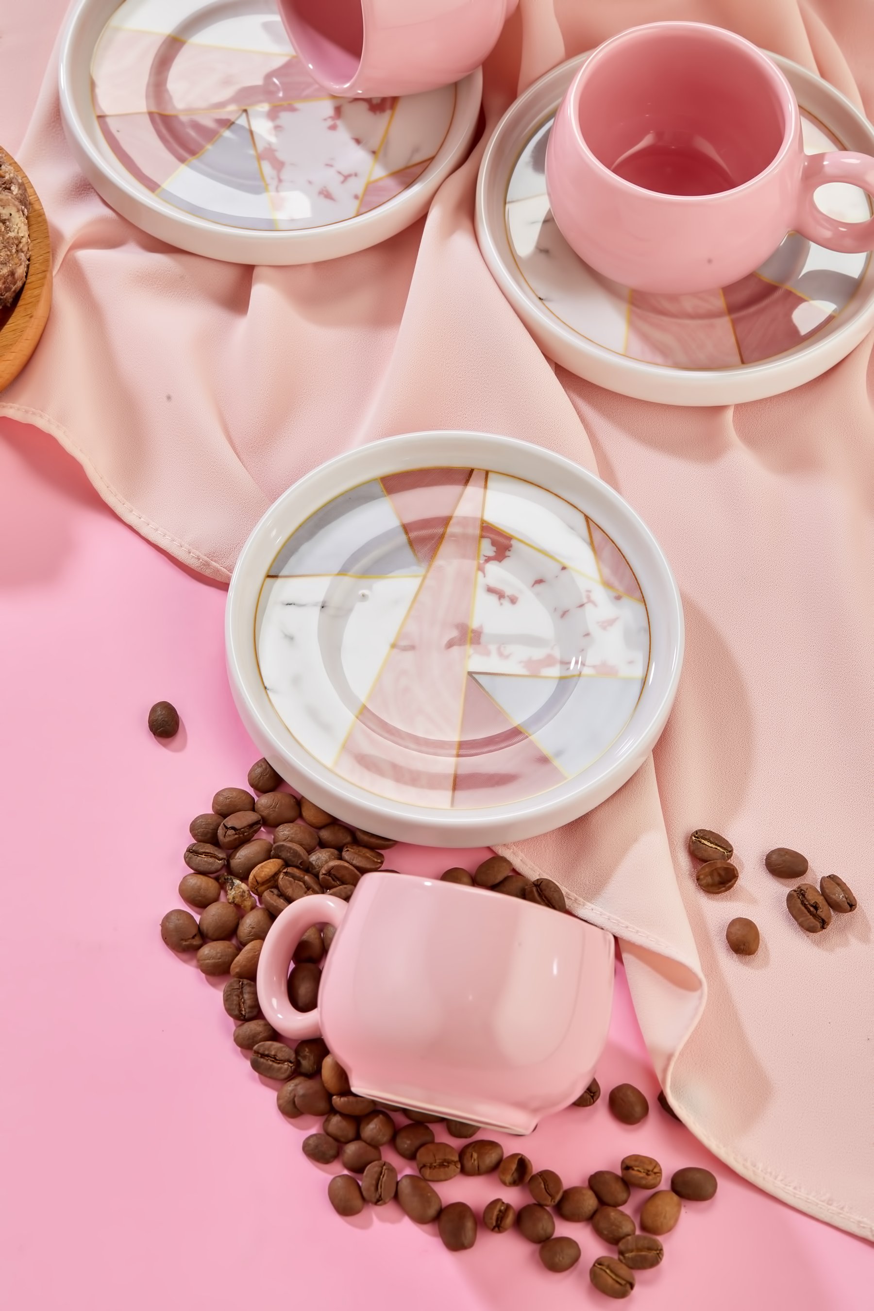 Plump Pembe Mozaik 12 Parça Lüx Seramik 6 Kişilik Kahve Fincan Takımı, Pembe Kahve Fincanı