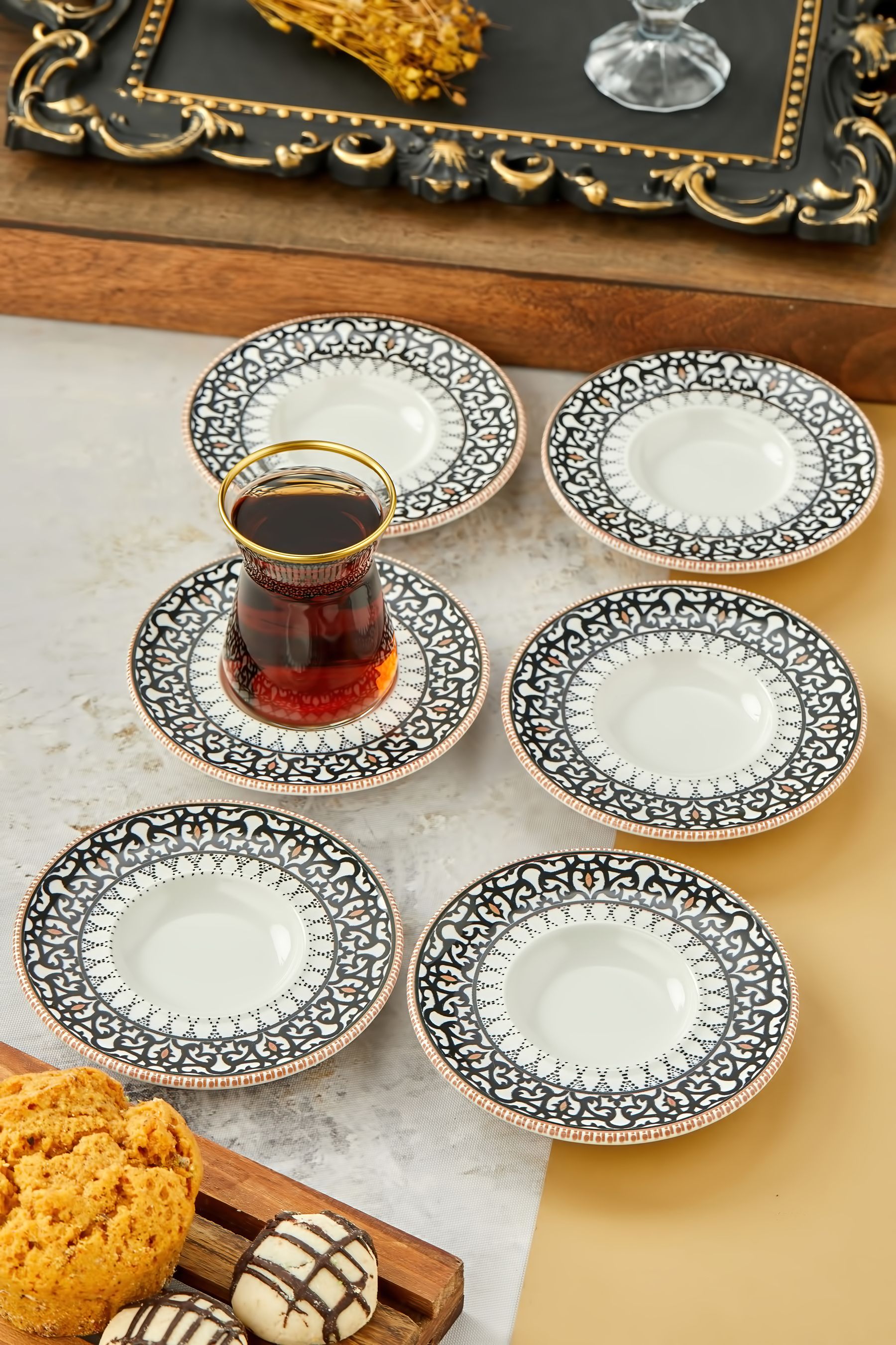 Siyah Motifli 6 Kişilik Çay Tabağı, Bardak Altlığı