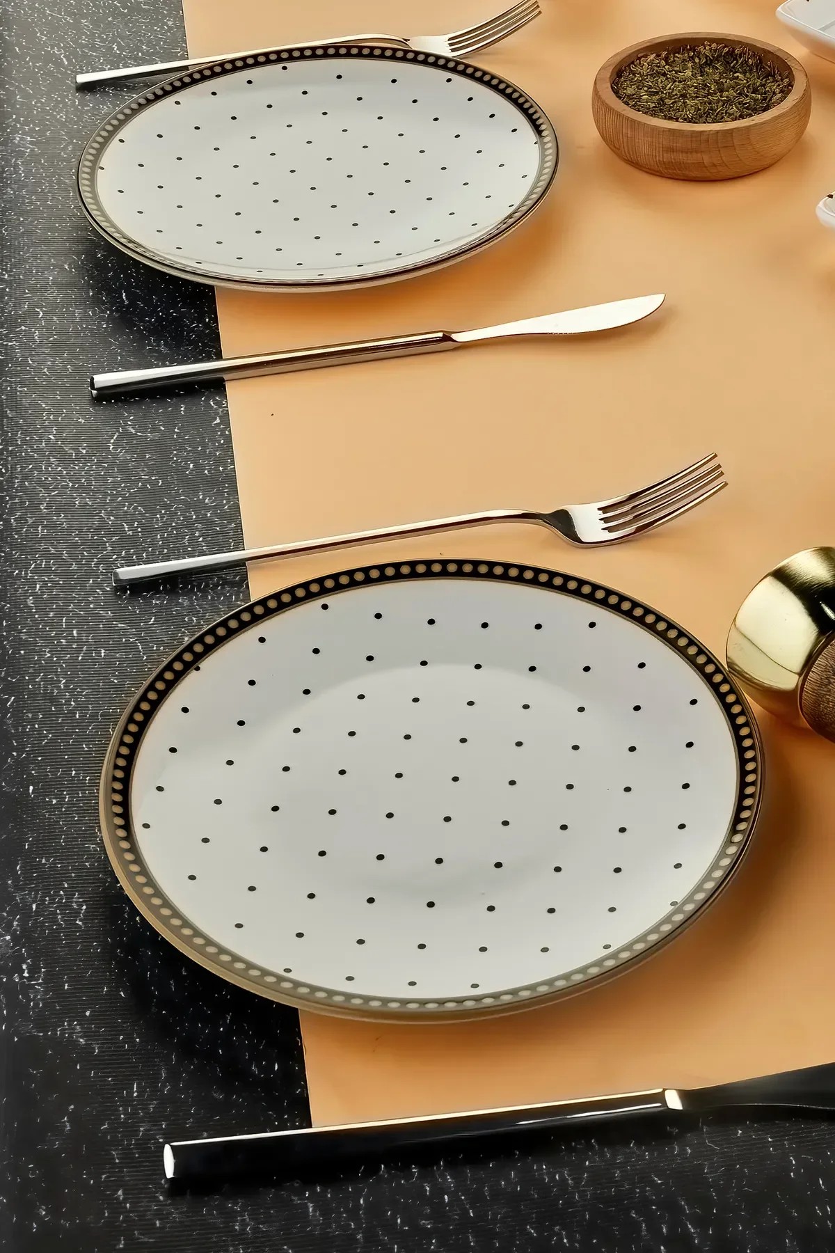Lüx Seramik Puantiye 6 Kişilik Pasta Tabağı Seti, Hediyelik Pasta Sunum Tabağı 20cm