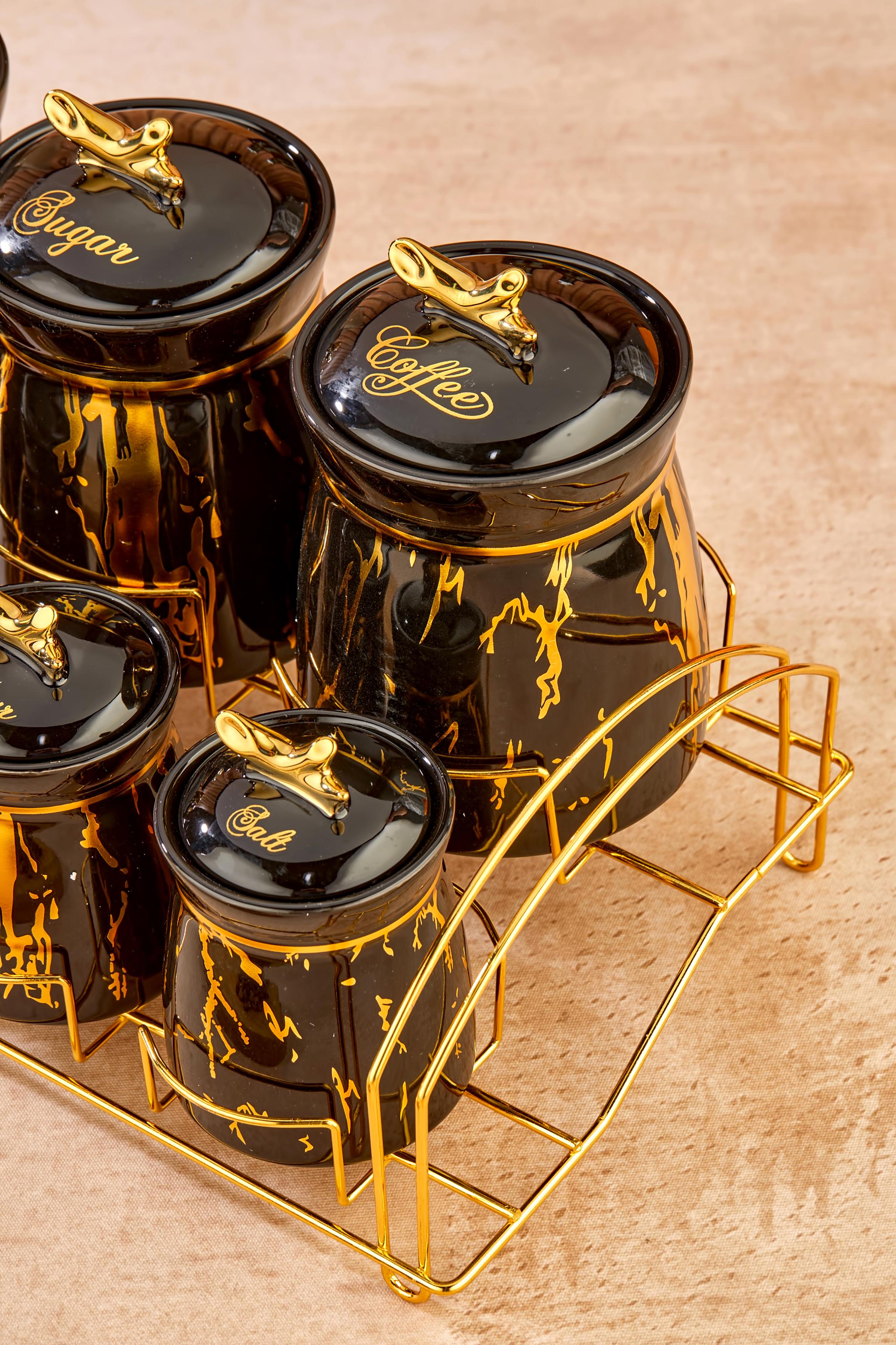 7 Parça Standlı Lüx Porselen Gold Yaldızlı Dal Siyah Porselen Baharat Takımı Saklama Seti
