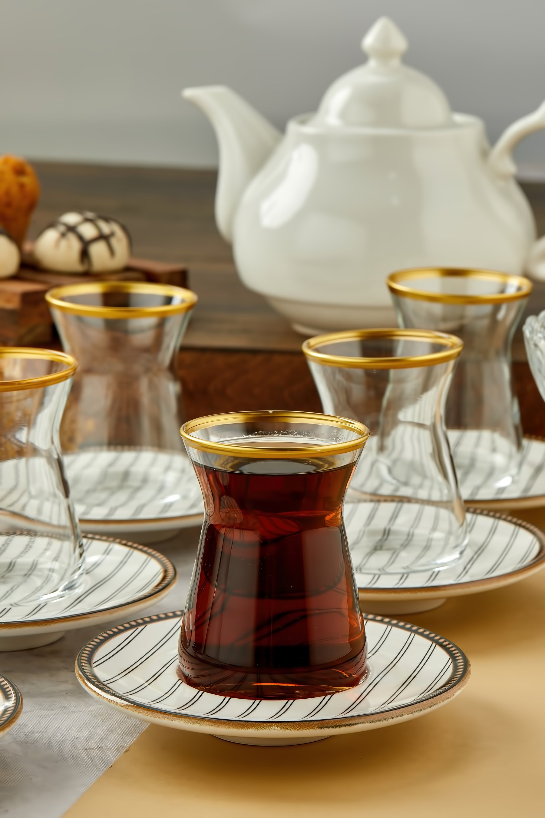 Gold Dekorlu 12 Parça 6 Kişilik Çay Bardağı ve Tabağı, Çay Takımı, Çay Seti