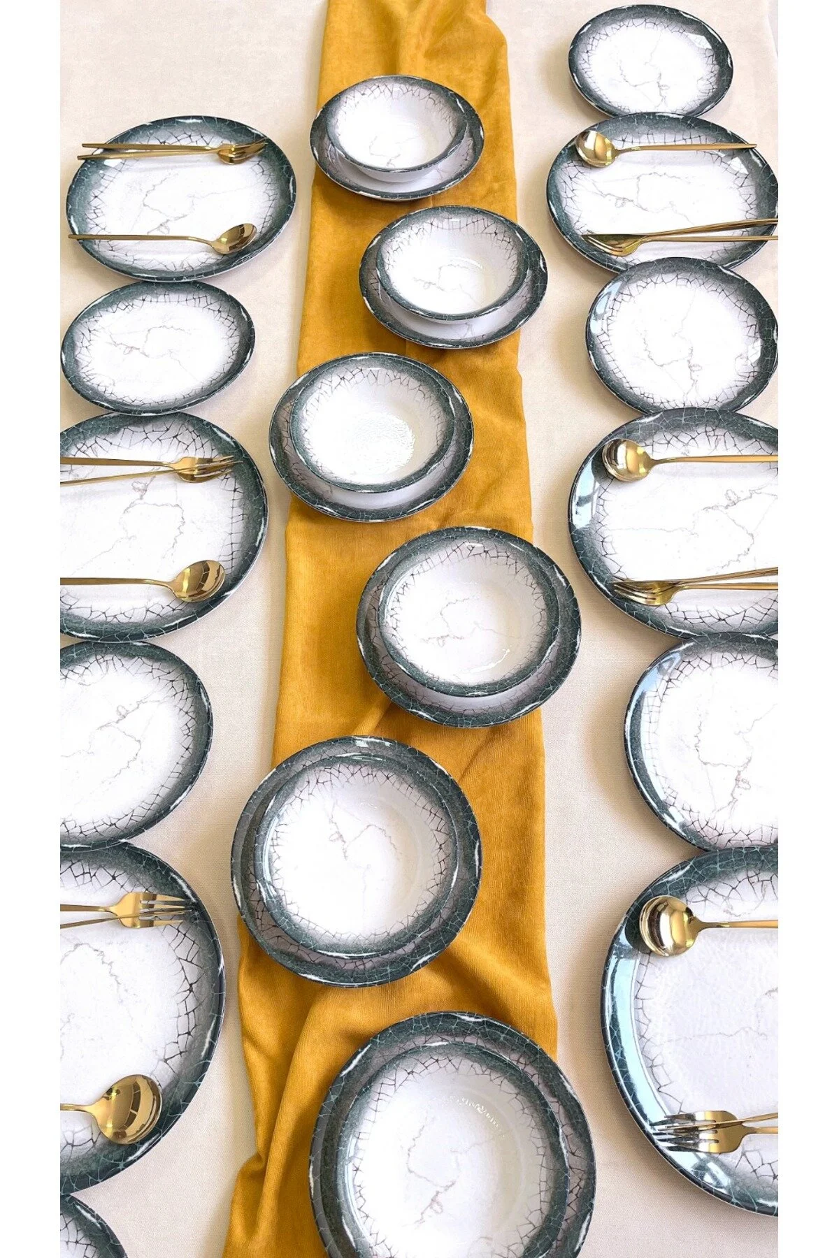 Yeşil Mermer Desenli 24 Parça 6 Kişilik Yemek Takımı – Doğal Mermer Şıklığı ve Modern Sofra Zarafeti