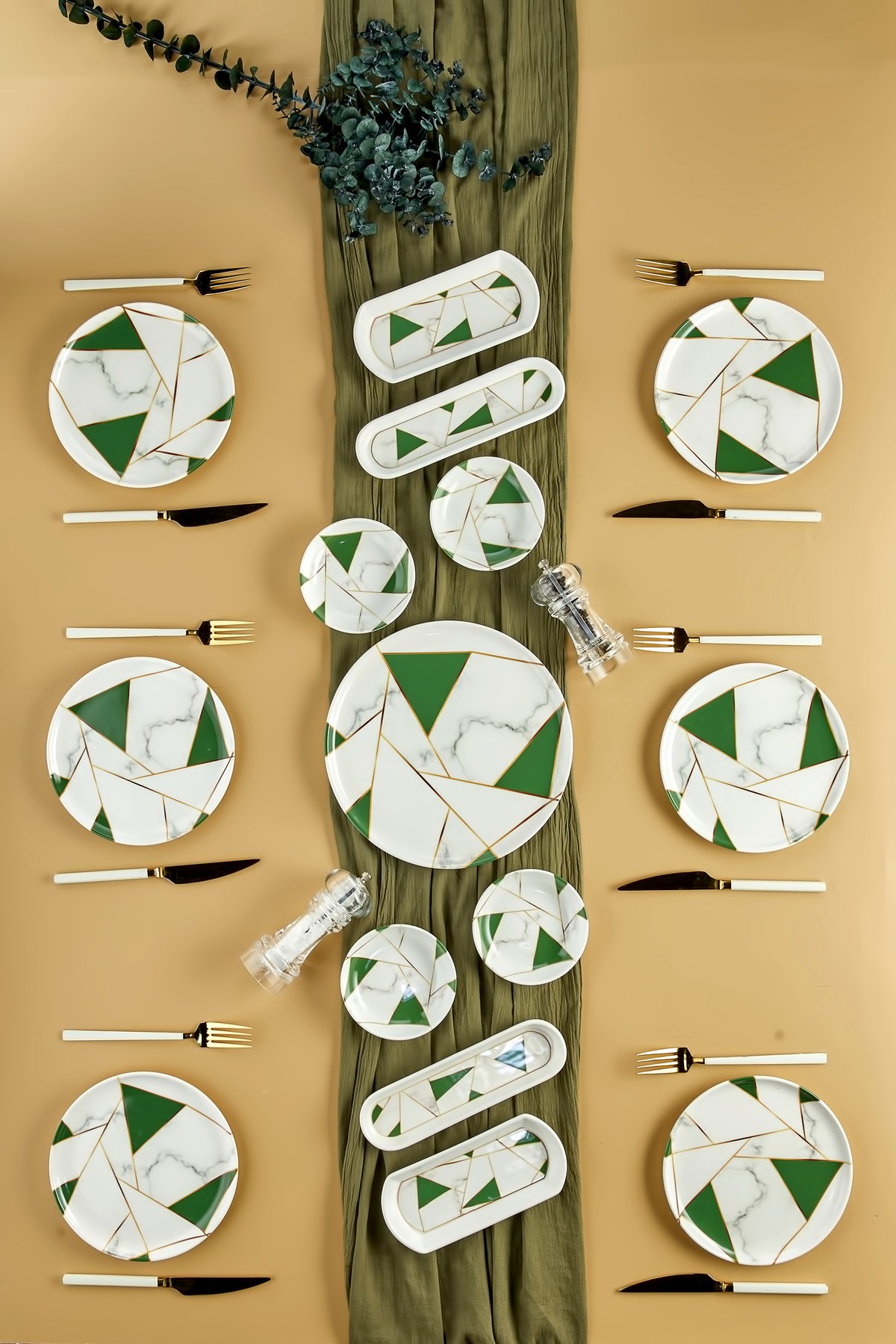 Lüx Seramik Zümrüt Yeşili Mozaik Mermer 15 Parça 6 Kişilik Kahvaltı Takımı Seti