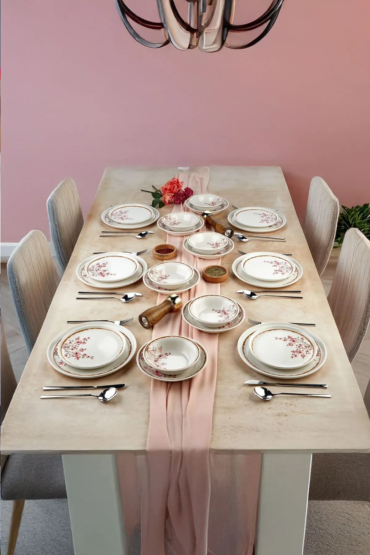 Pembe Sakura 24 Parça 6 Kişilik Yemek Takımı – Zarif Kiraz Çiçeği Deseni ve Pastel Pembe Şıklığı