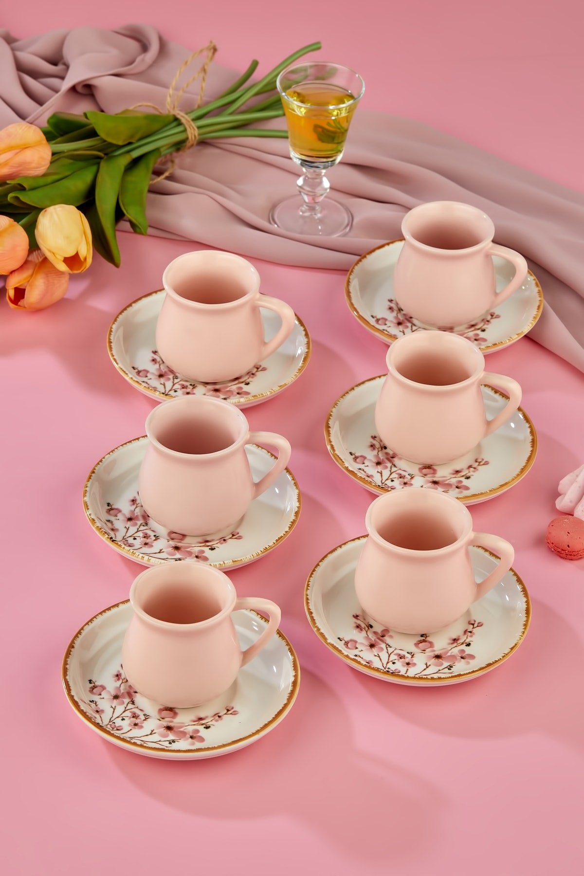 Sakura Pembe 12 Parça Lüx Seramik 6 Kişilik Kahve Fincan Takımı, Kahve Fincanı
