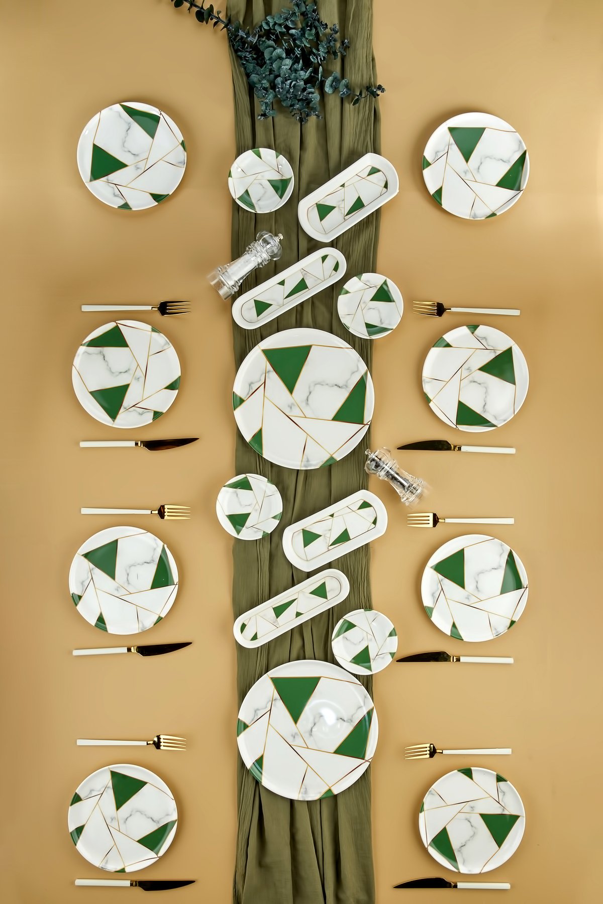 Lüx Seramik Zümrüt Yeşili Mozaik Mermer 18 Parça 8 Kişilik Kahvaltı Takımı Seti