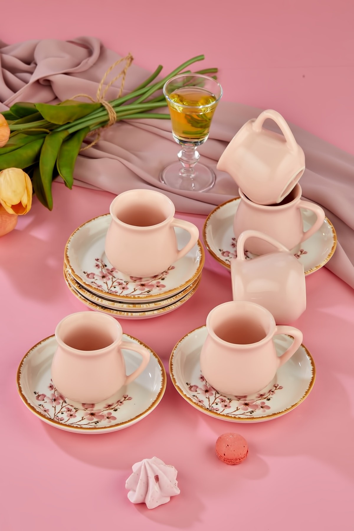 Sakura Pembe 12 Parça Lüx Seramik 6 Kişilik Kahve Fincan Takımı, Kahve Fincanı
