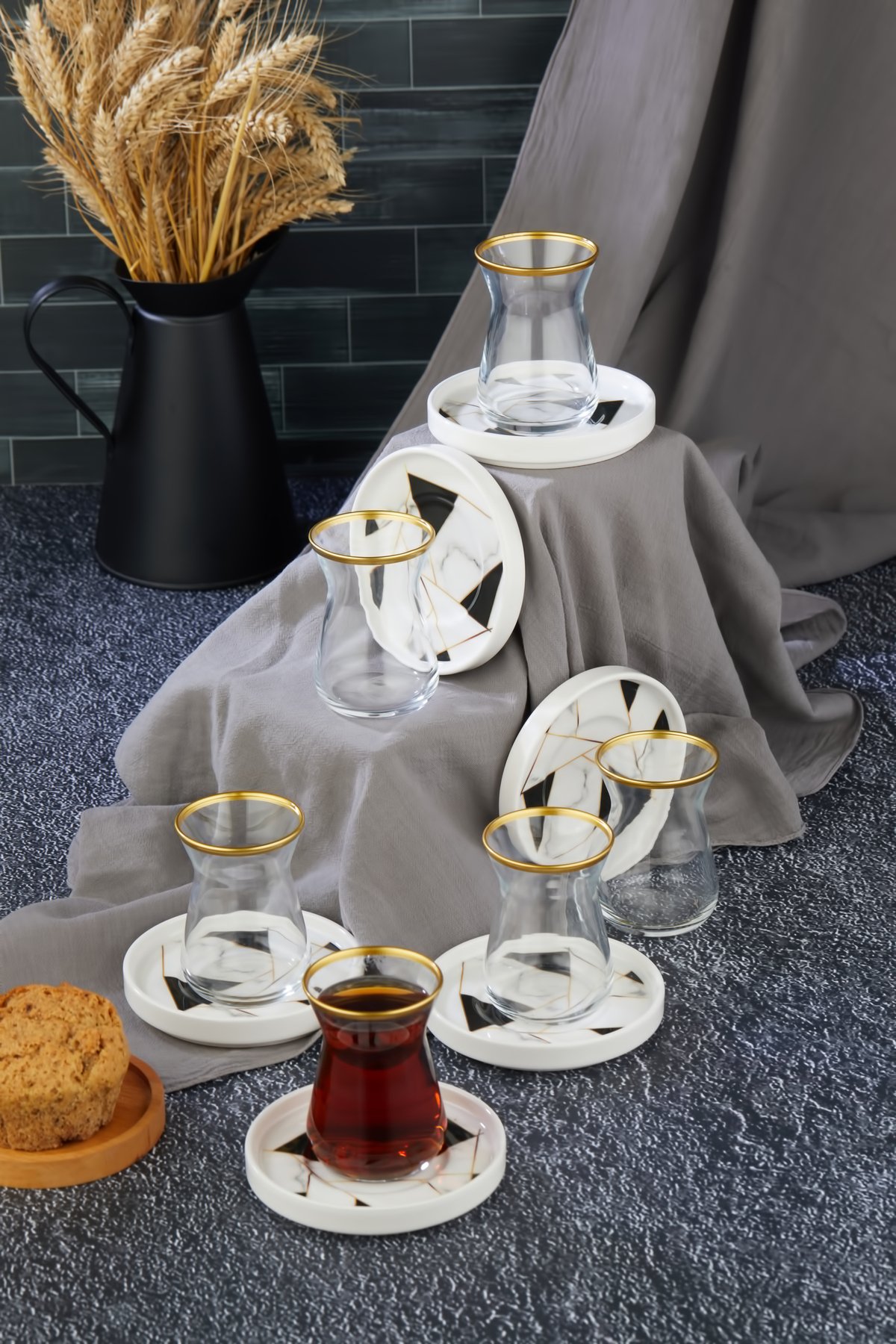 Gold Altın Yaldız Dekorlu 12 Parça Çay Bardağı Takımı Seti Mozaik