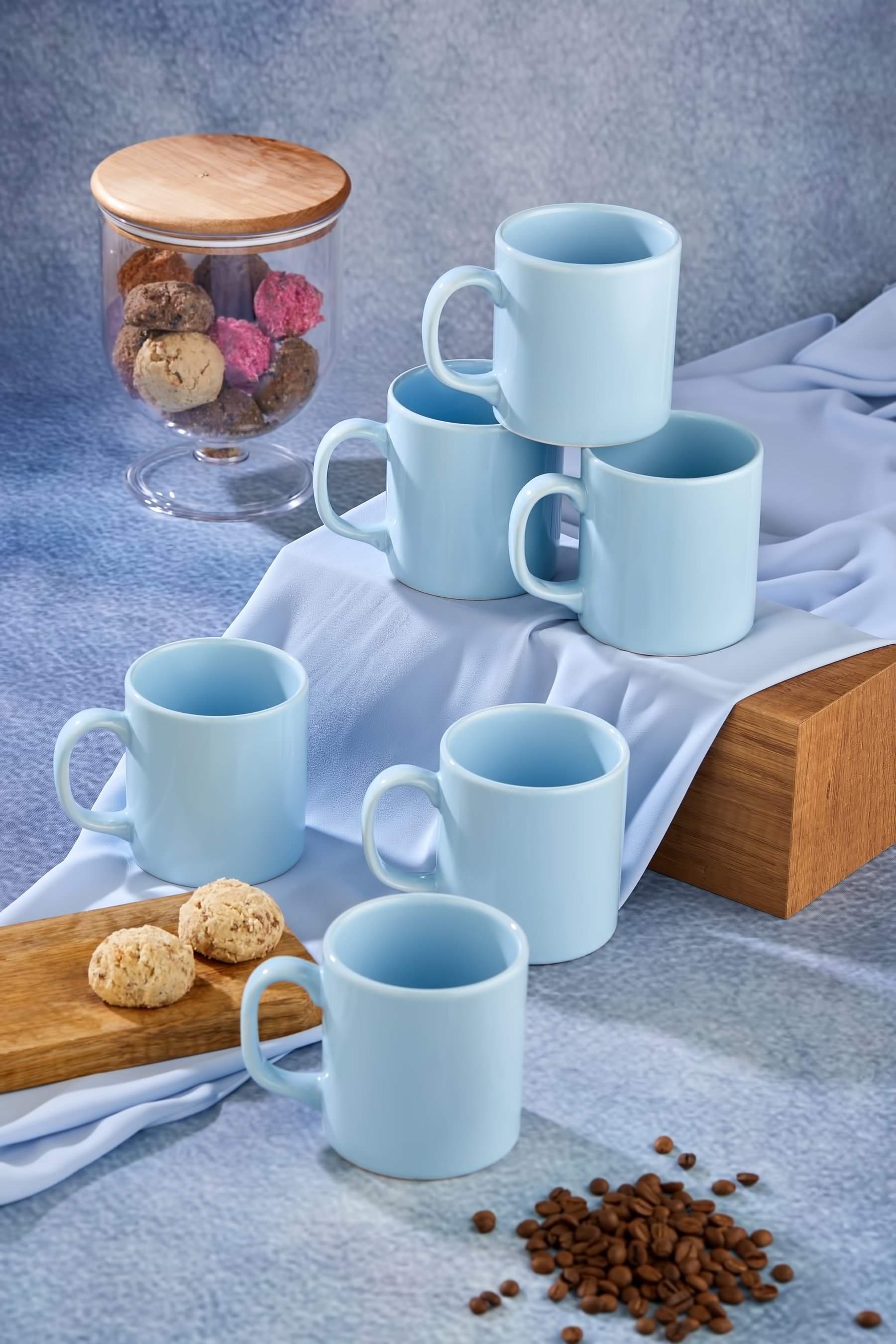 6 Adet Lüx Hand Made Soft Seramik Mavi Kupa Bardak Nescafe, Latte Mug