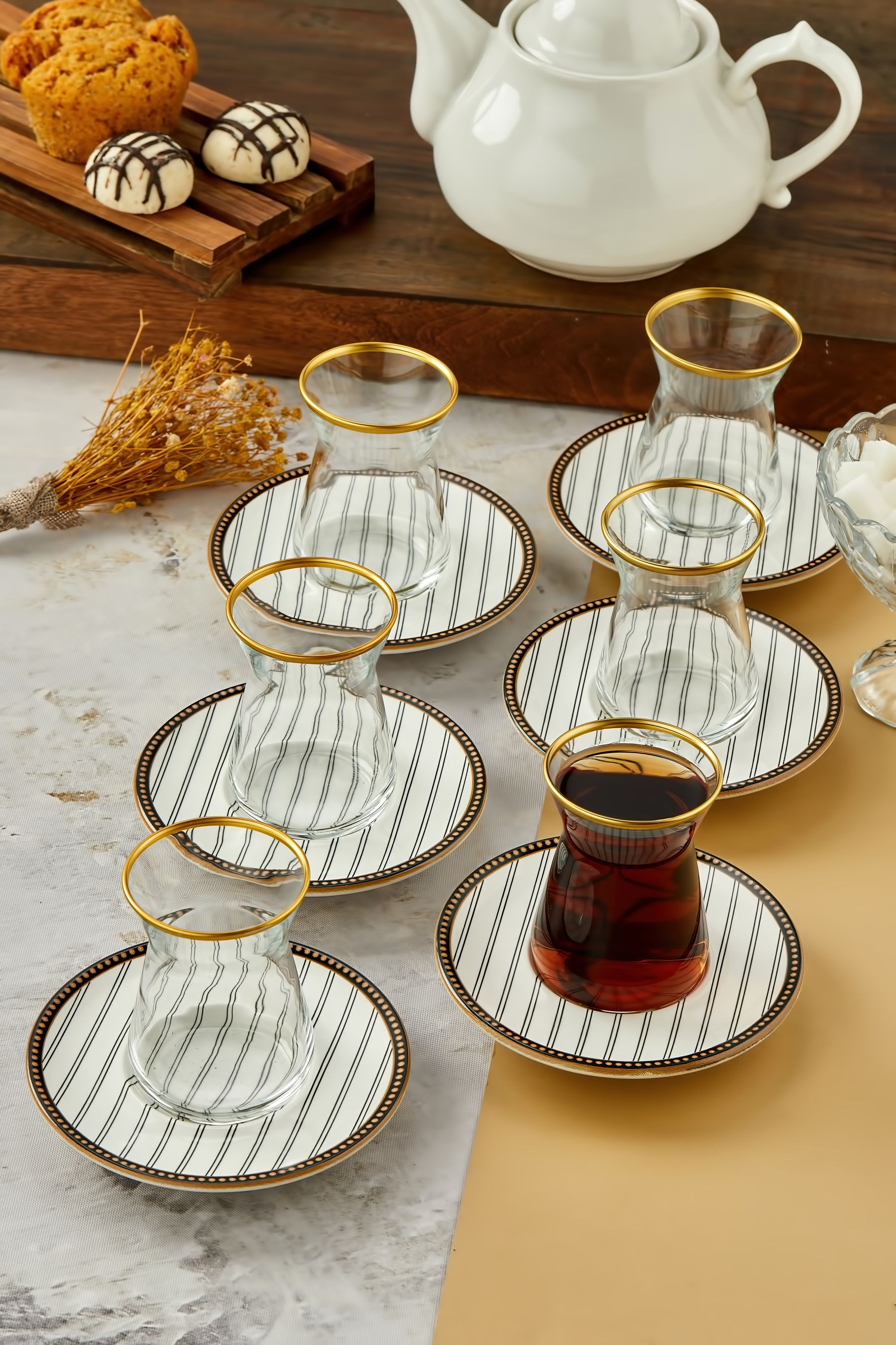 Gold Dekorlu 12 Parça 6 Kişilik Çay Bardağı ve Tabağı, Çay Takımı, Çay Seti