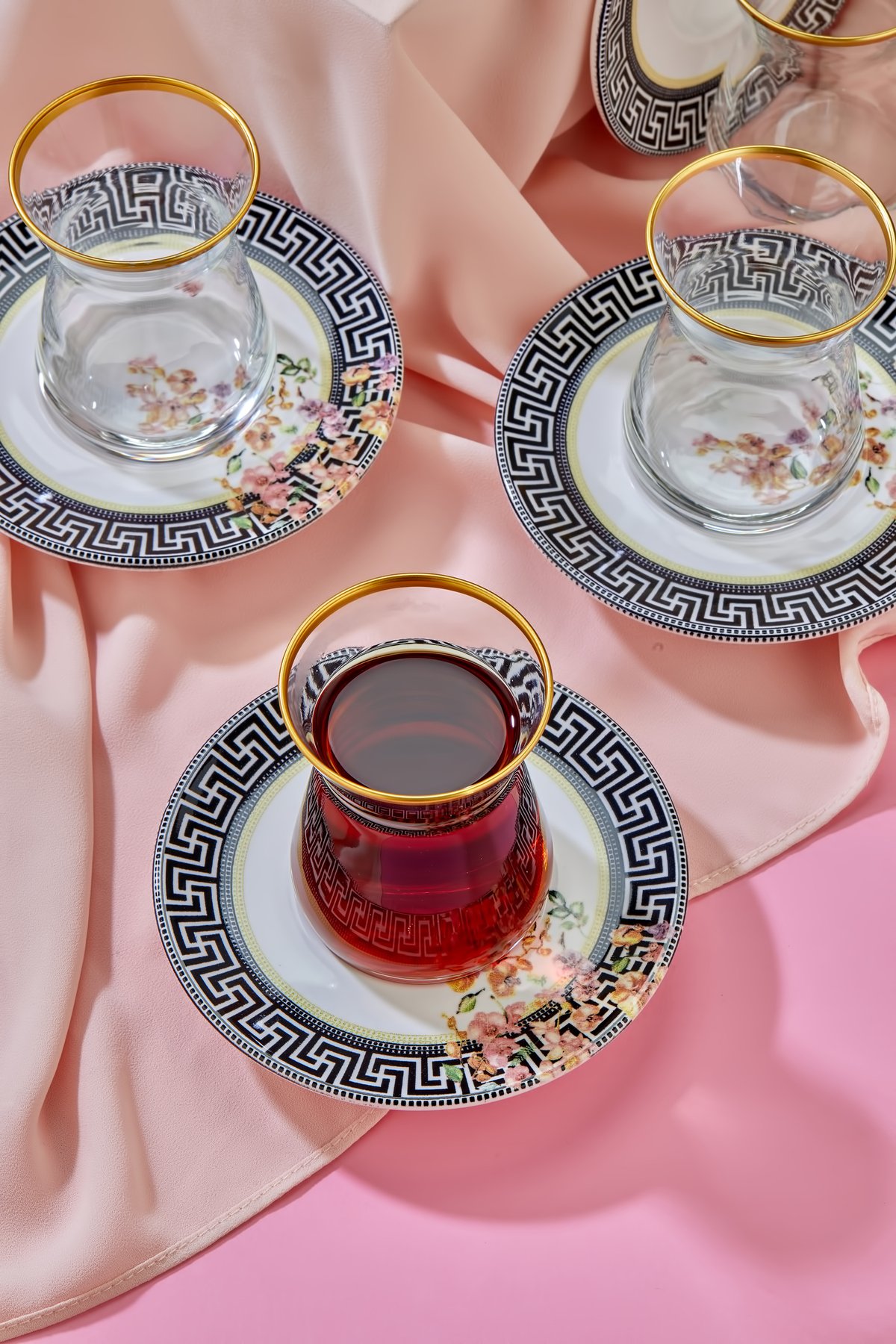 Gold Dekorlu Tile 12 Parça 6 Kişilik Çay Bardağı Takımı Seti, Çay Seti