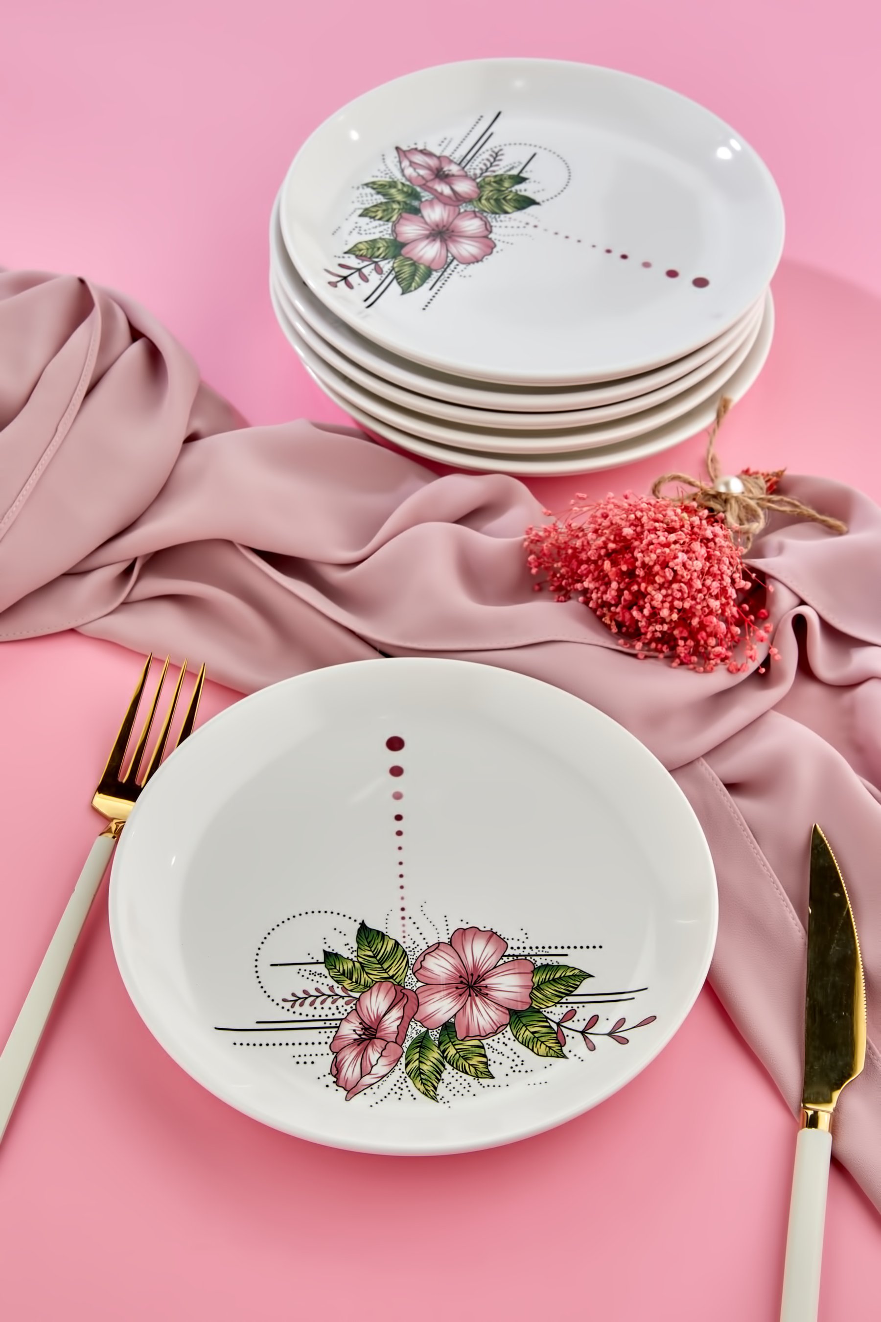 6 Adet Lüx Seramik Artless Pembe Pasta Tabağı 20 cm
