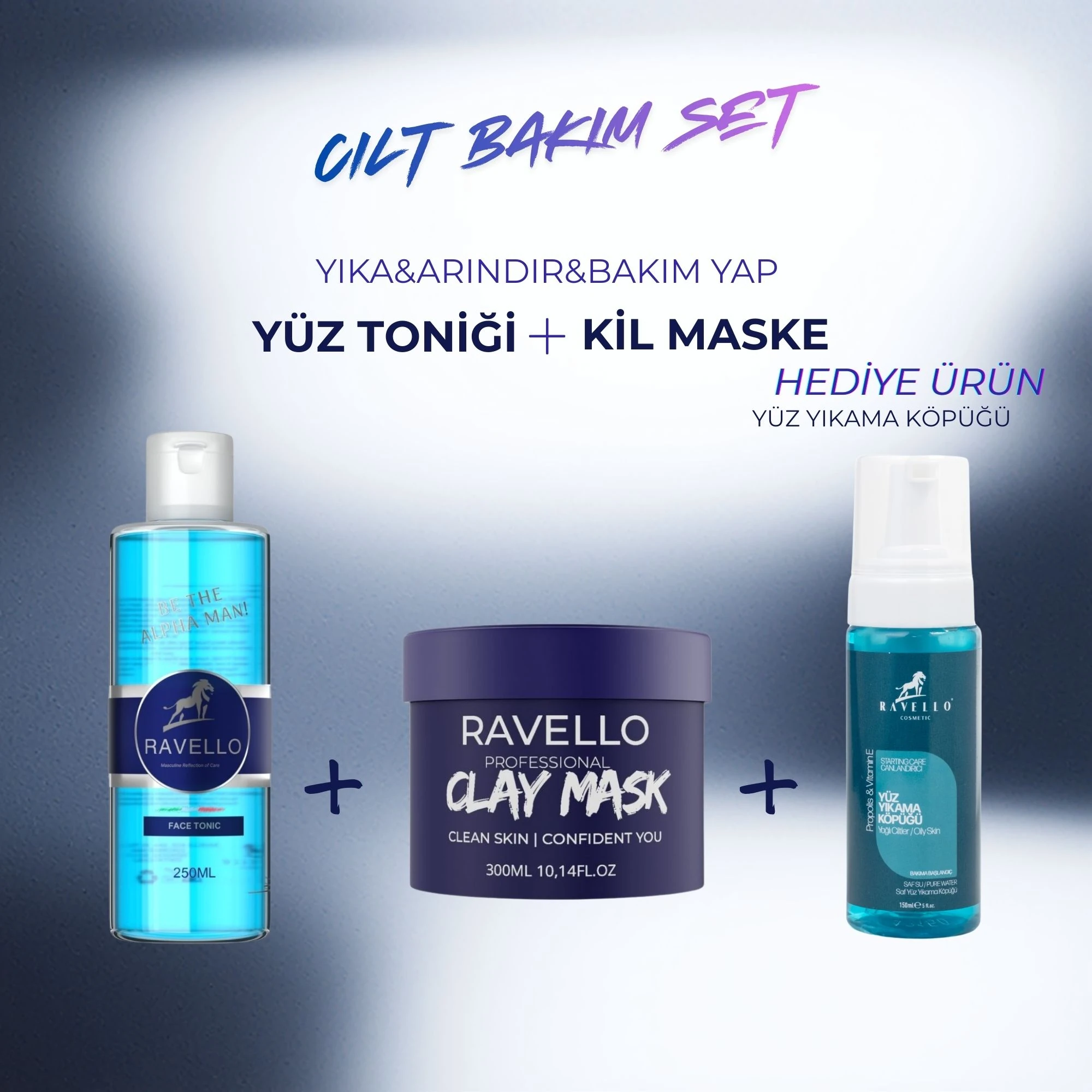 Ravello Erkek Cilt Bakım Seti – Yüz Toniği, Kil Maske ve Hediye