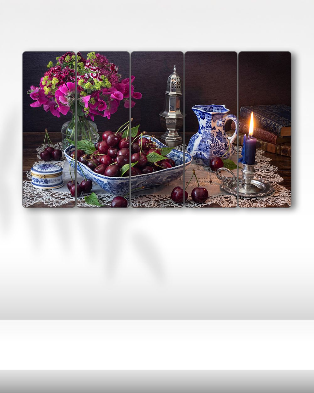 Kiraz Tabağı, Mum, Çiçek, Kitap - 5 Parçalı Tablo