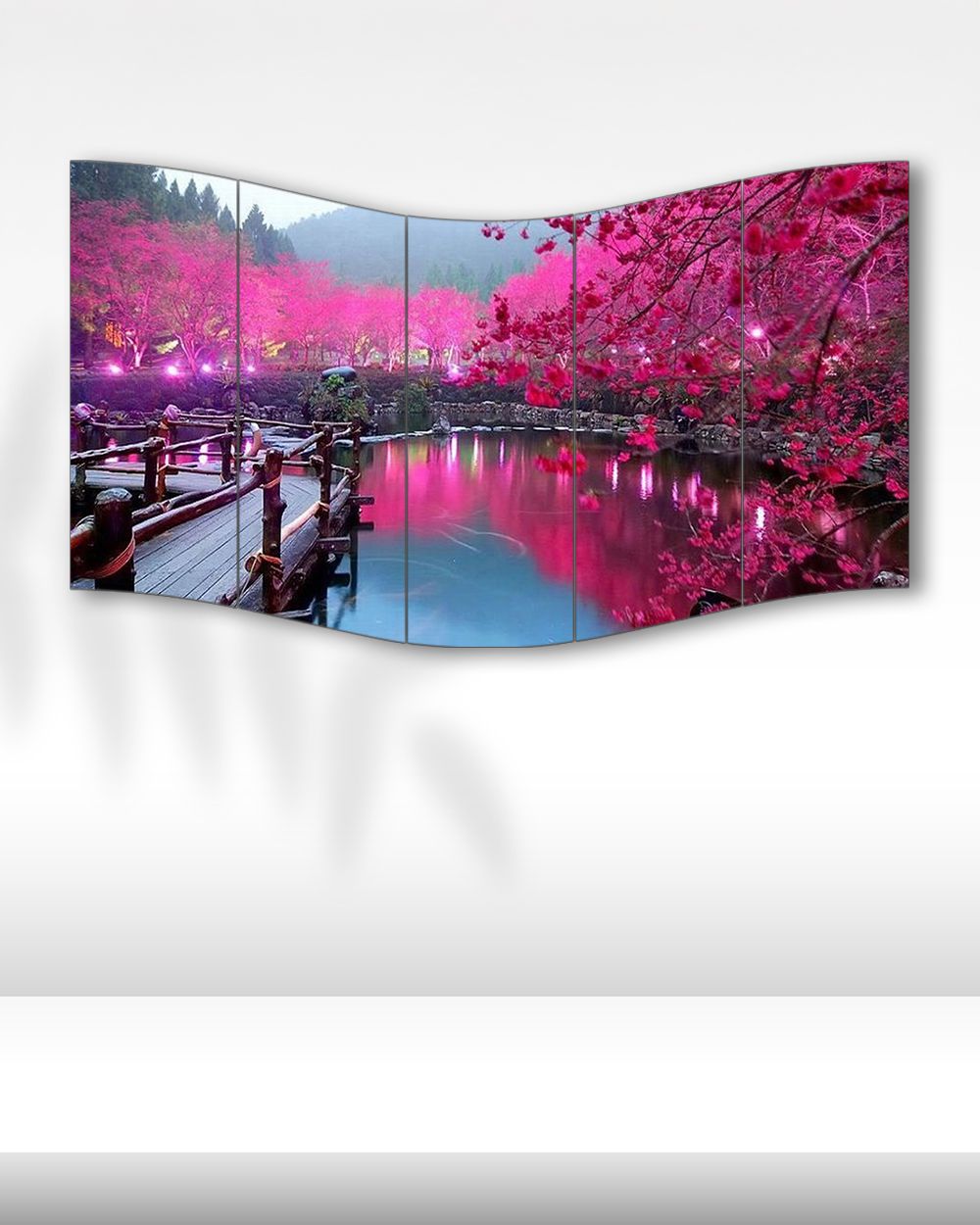 Sakura Ağaçları ve Göl Manzarası - 5 Parçalı Tablo