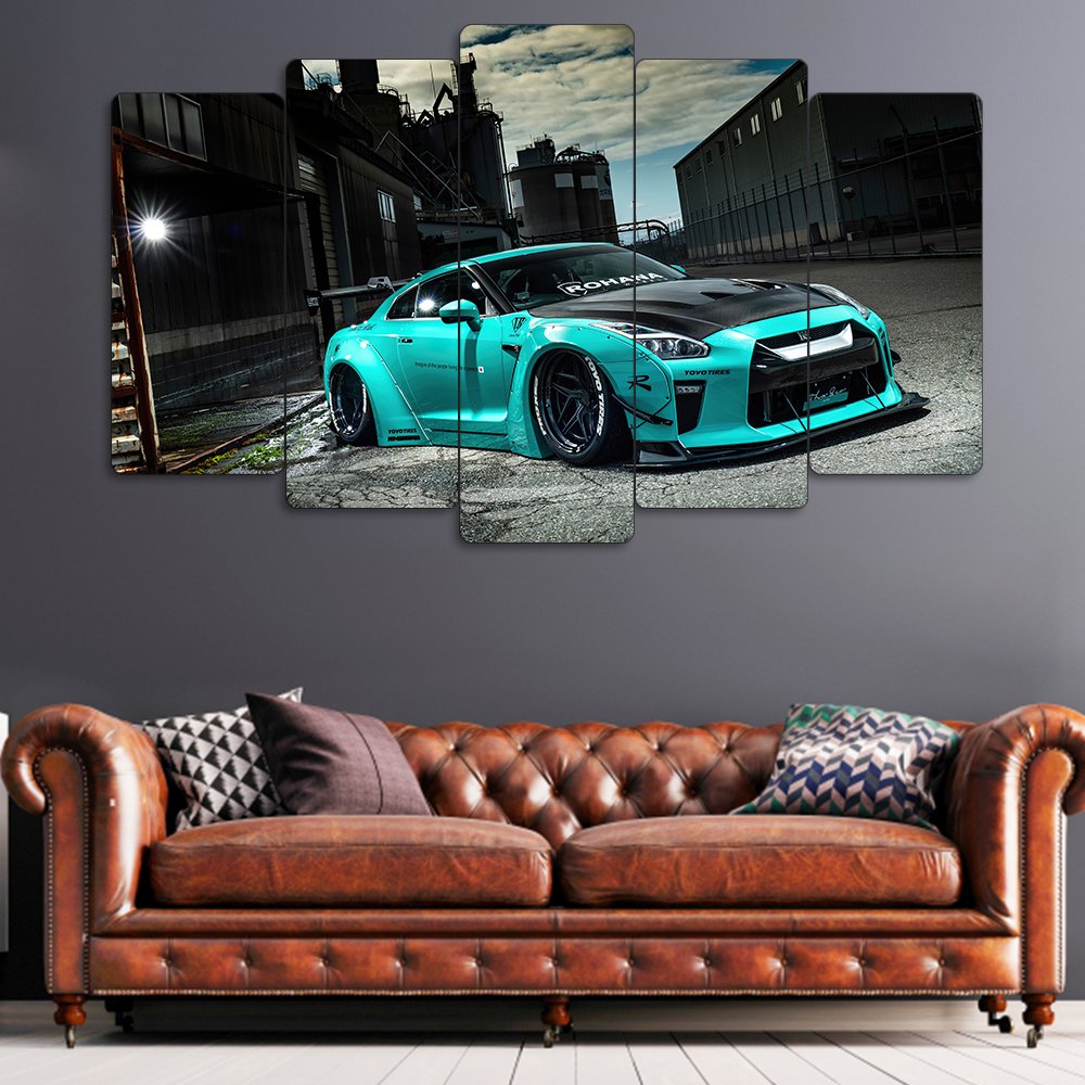 Turkuaz Nissan GT-R R35 - 5 Parçalı Araba Tablo